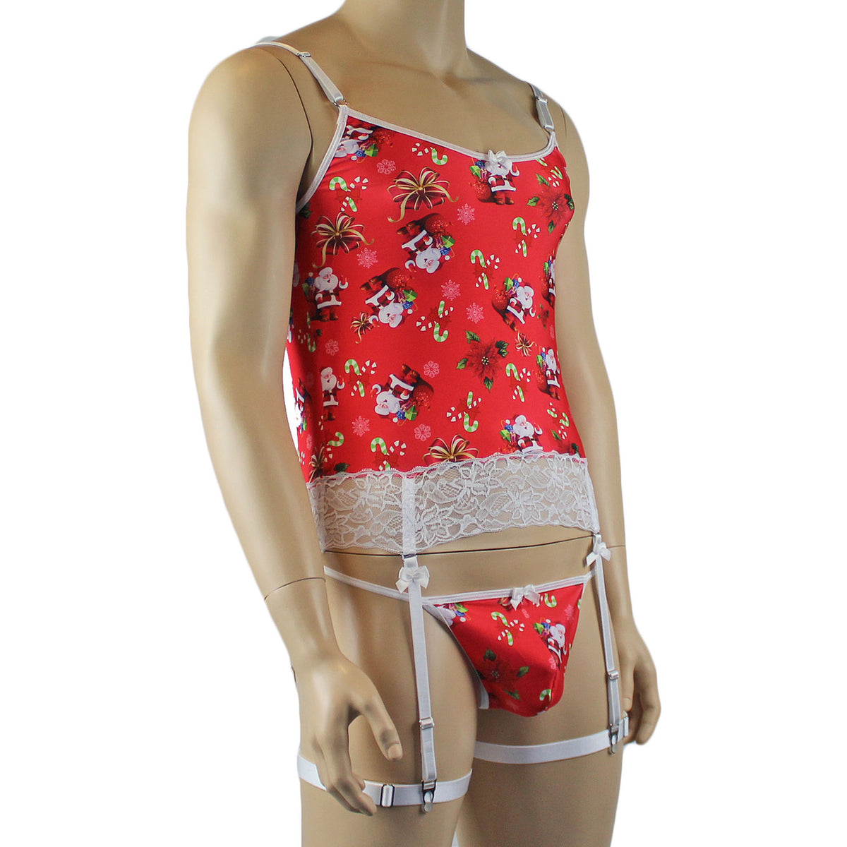 Mens Christmas Santa Camisole Corset Top & Pouch G string & Leg Bands