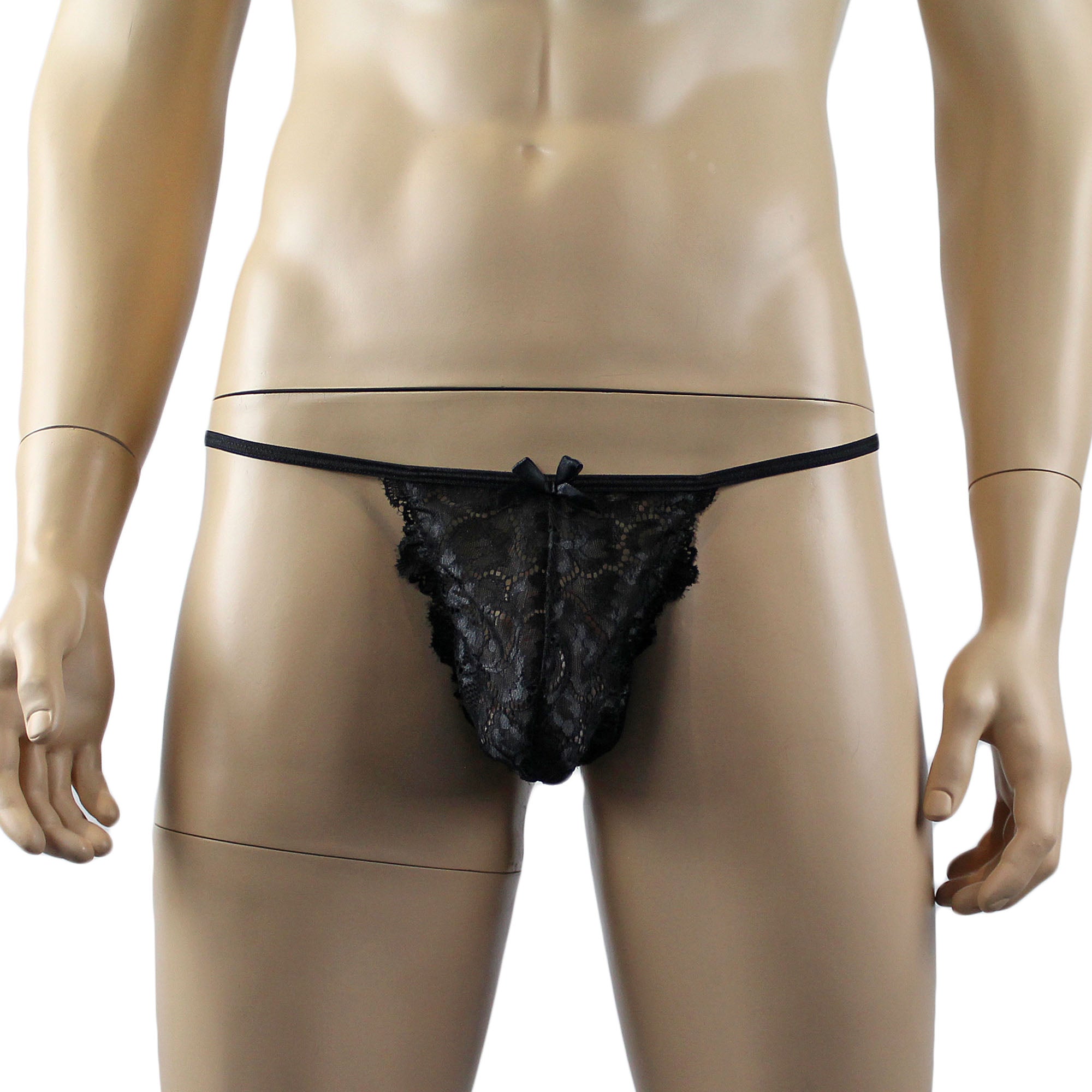 Mens Sweetheart Scalloped Shiny Lace Bra Top and G string Black