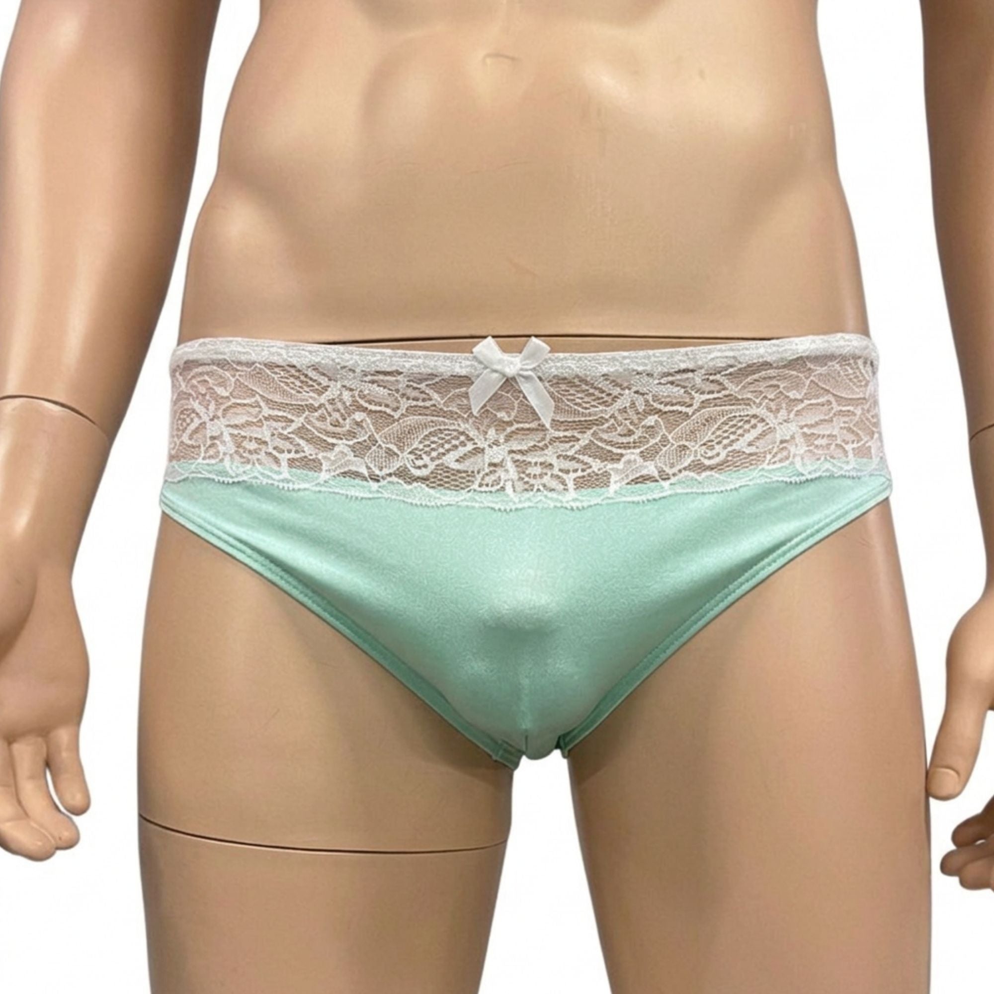 Mens Jackie Stretch Spandex Seamless Front Bikini Brief Mint & White Lace