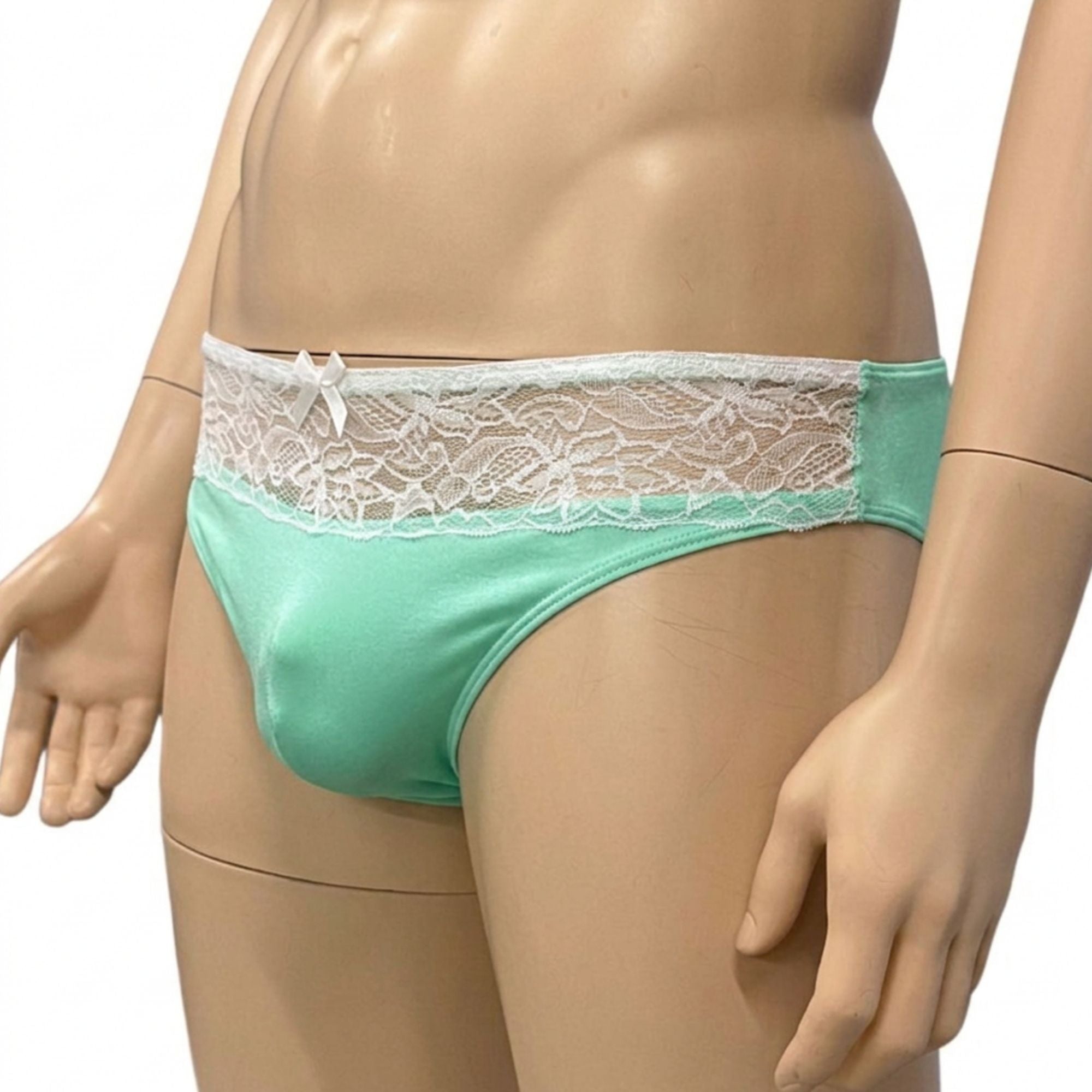 Mens Jackie Stretch Spandex Seamless Front Bikini Brief Mint & White Lace