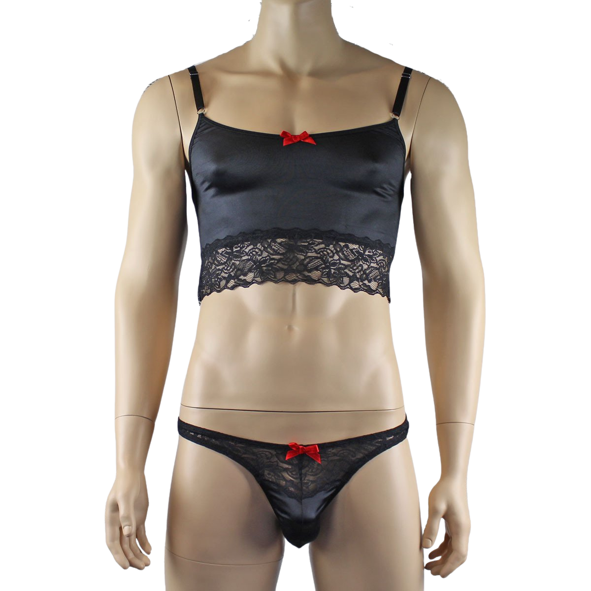 Mens Joanne Satin & Lace Crop Cami Top with Sexy Thong - Sizes up to 3XL Black and Black Lace