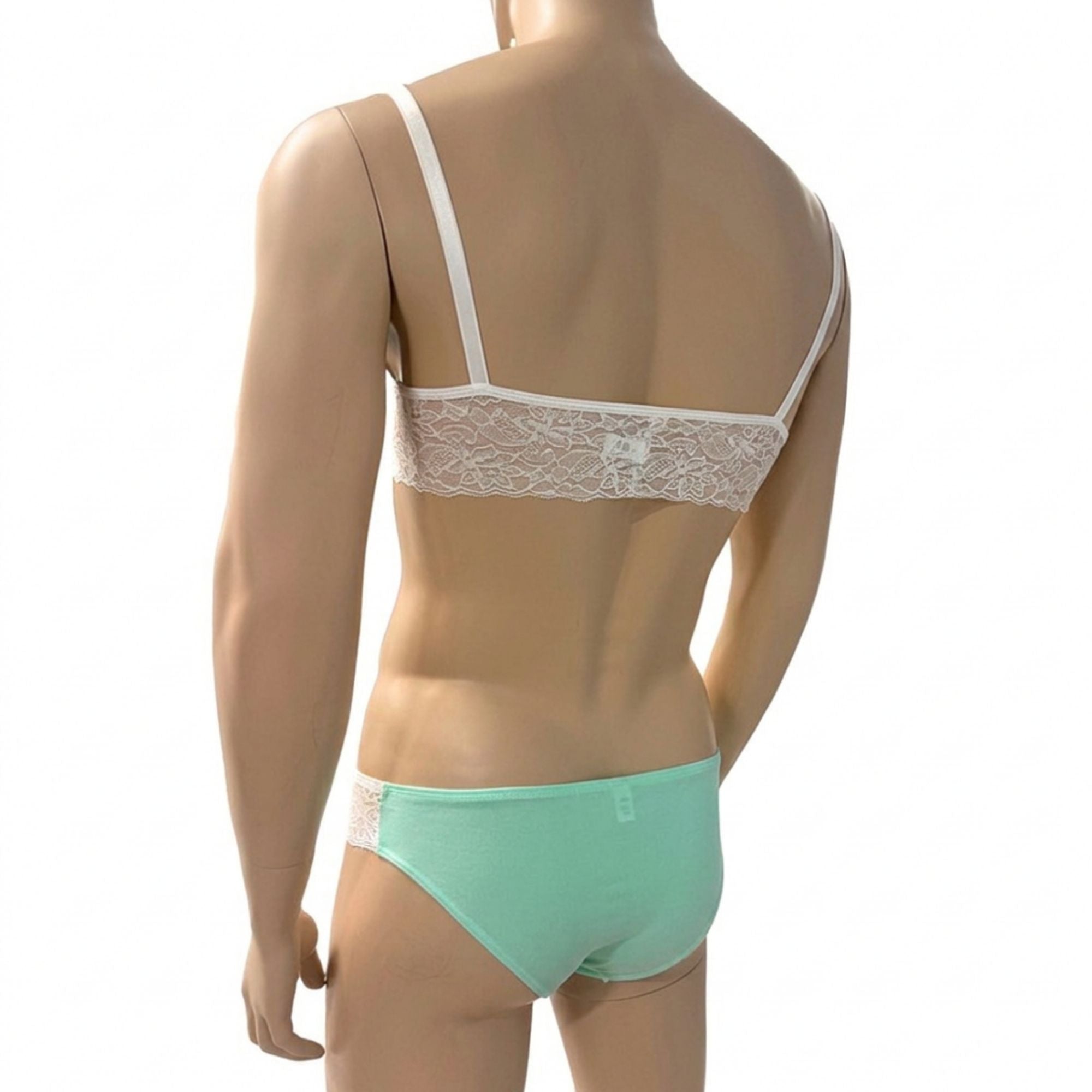 Mens Jackie & Lace Bra Top and Seamless Front Brief Mint & White Lace