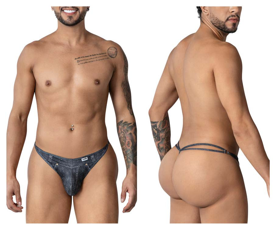 CandyMan 99899 Cowboy Mens Double Strap Thong Denim Black Plus Sizes