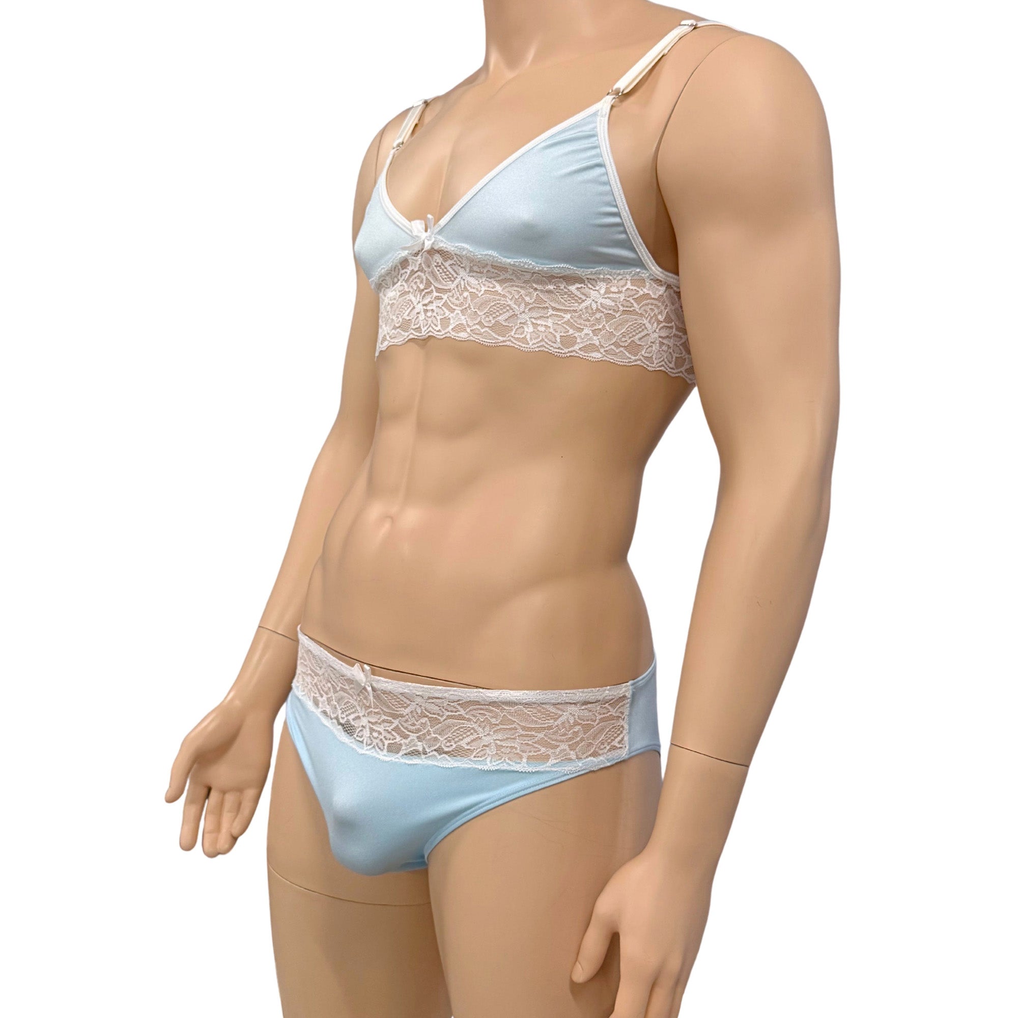 Mens Jackie & Lace Bra Top and Seamless Front Brief Light Blue & White Lace