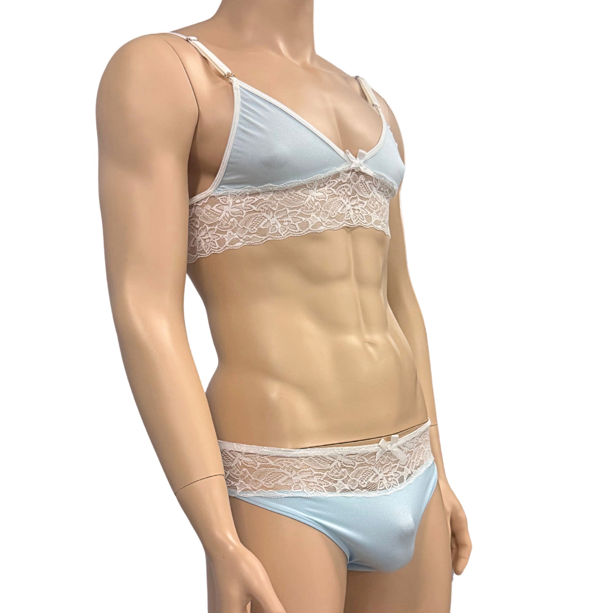 Mens Jackie & Lace Bra Top and Seamless Front Brief Light Blue & White Lace