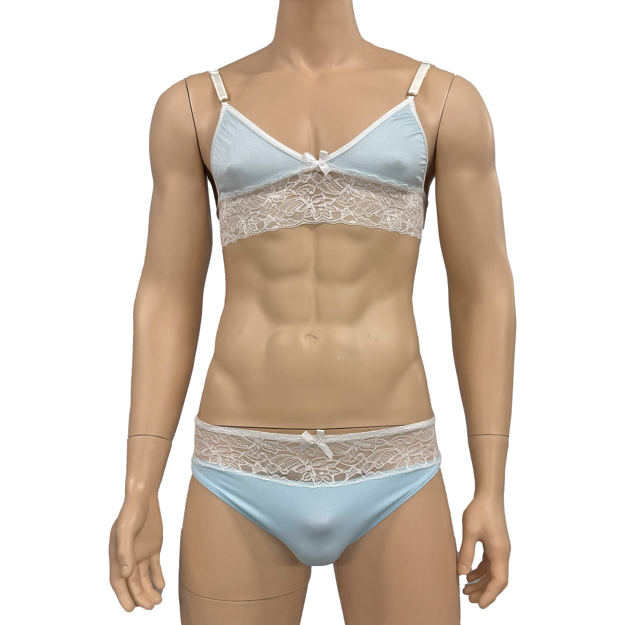 Mens Jackie & Lace Bra Top and Seamless Front Brief Light Blue & White Lace