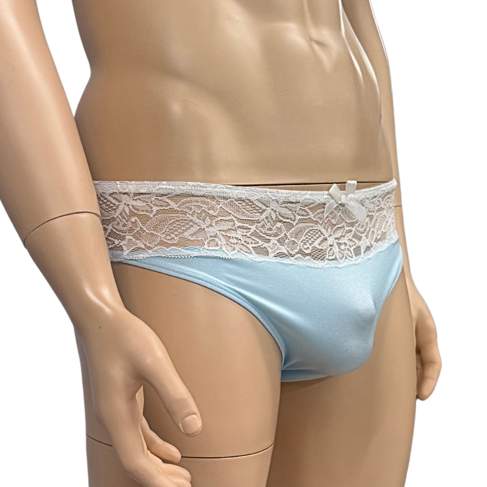 Mens Jackie Stretch Spandex Seamless Front Bikini Brief (light blue & white lace plus other colours)