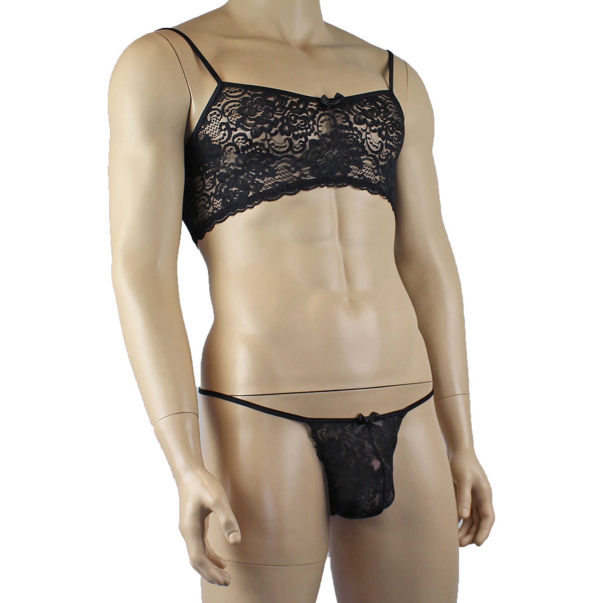 Mens Rebecca Pretty Floral Lingerie Lace Bra Top, Micro Mini Skirt and G string Black