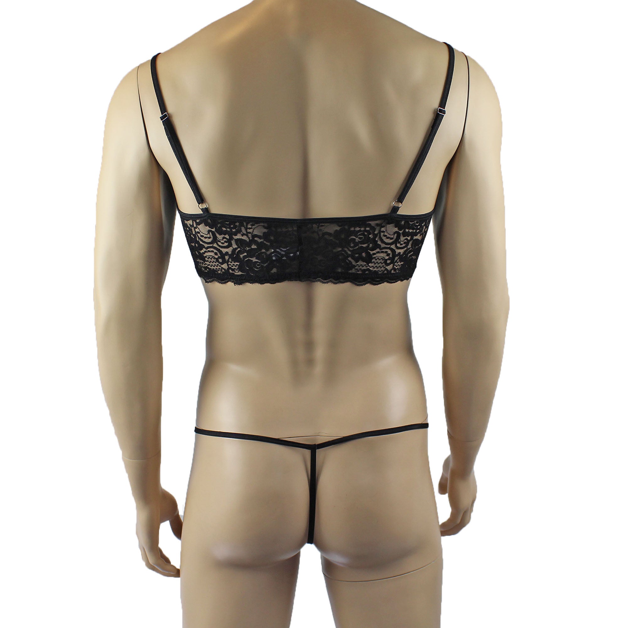 Mens Rebecca Pretty Floral Lingerie Lace Bra Top, Micro Mini Skirt and G string Black
