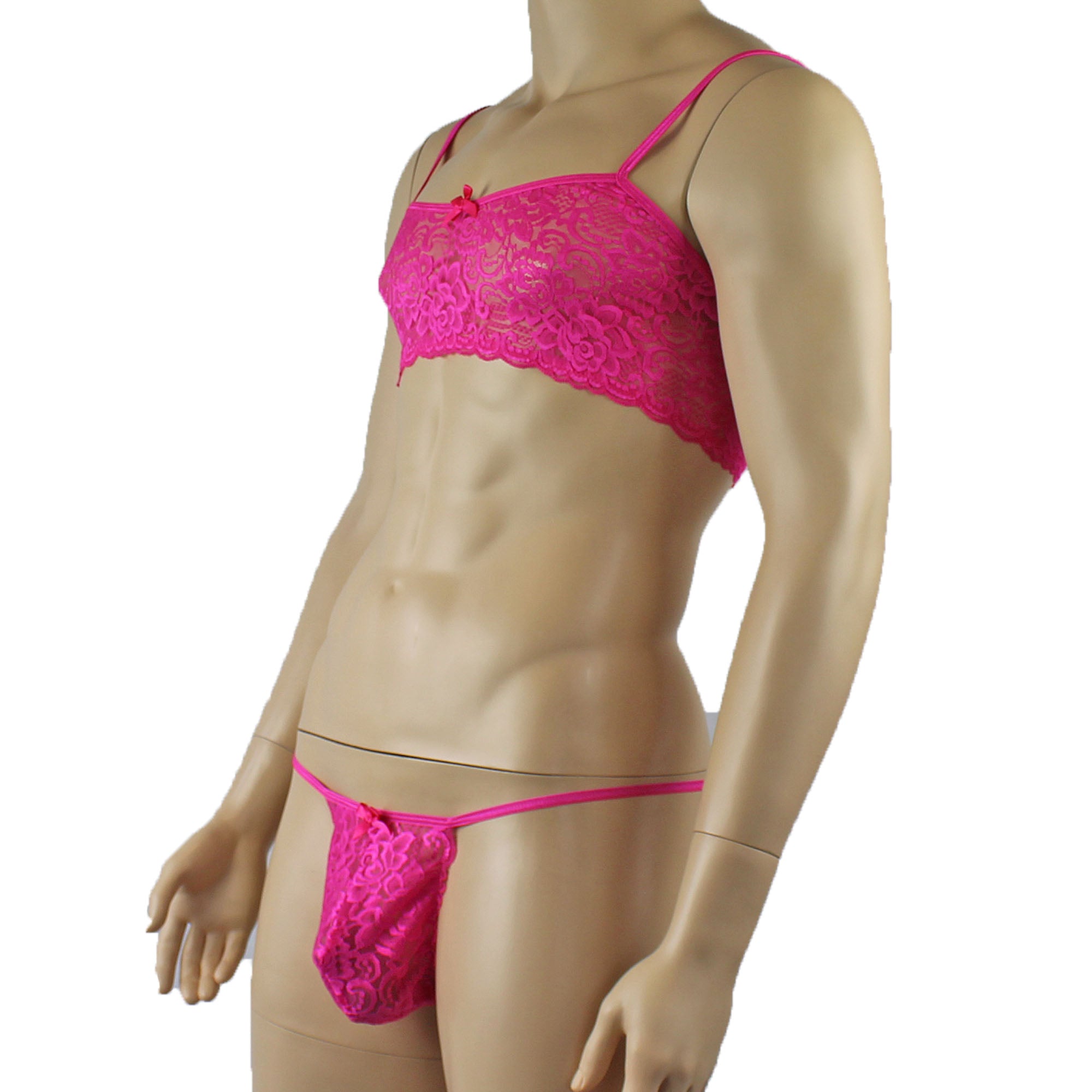 Mens Rebecca Pretty Floral Lingerie Lace Bra Top with G string Hot Pink