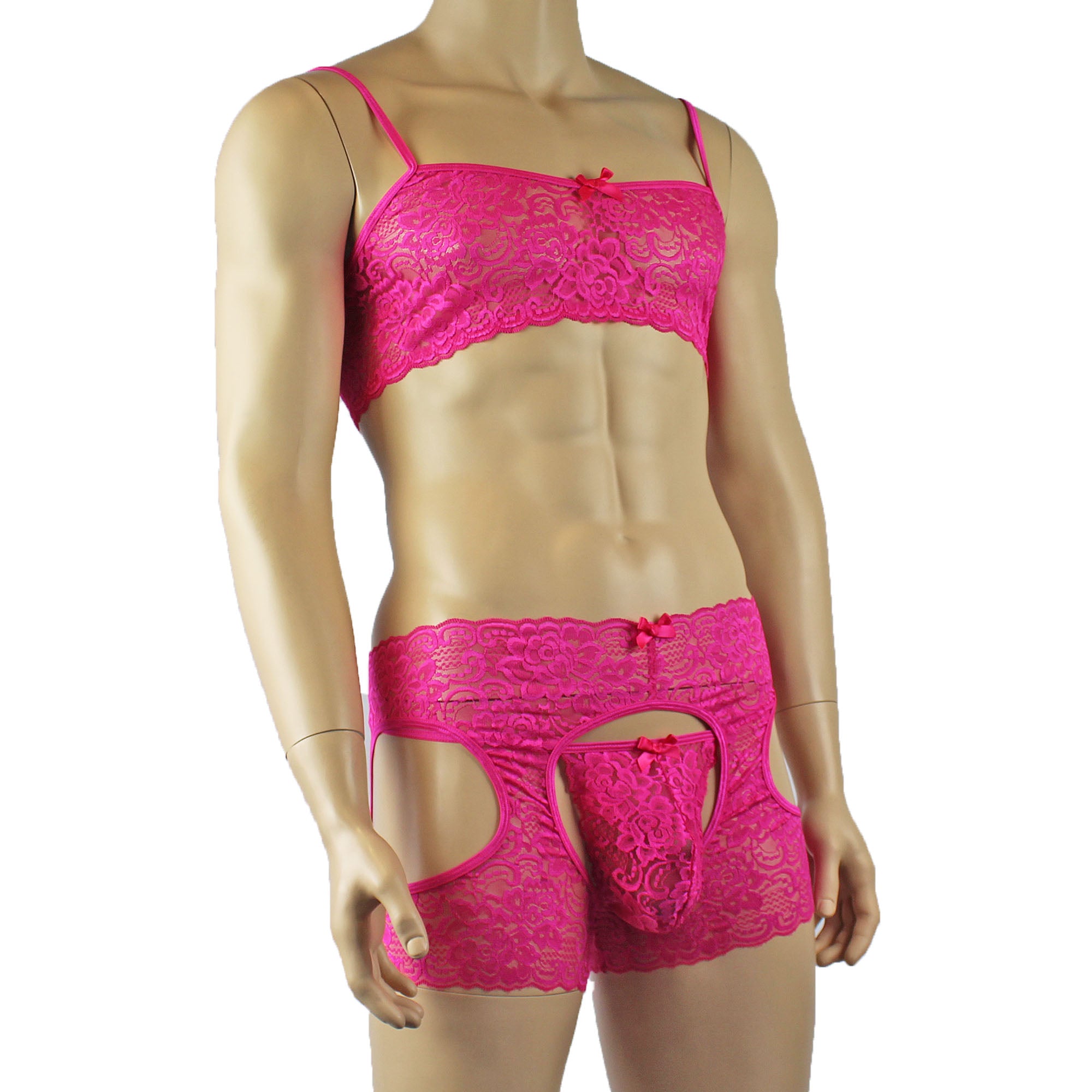Mens Rebecca Pretty Floral Lingerie Lace Bra Top, Open Garter Boxer Shorts with G string Hot Pink