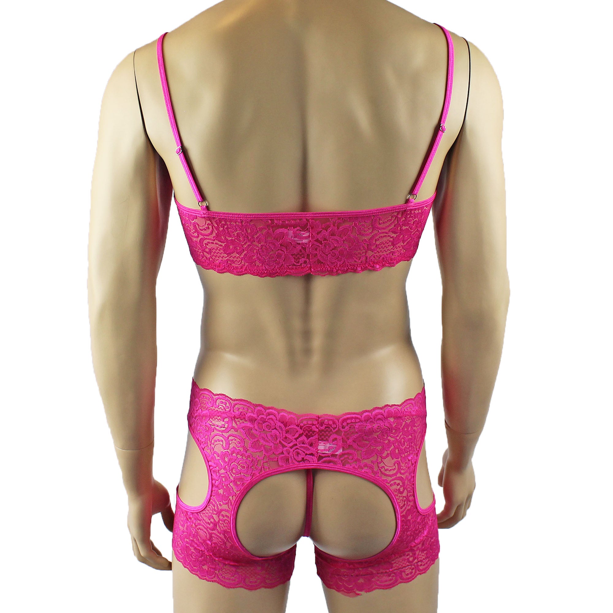 Mens Rebecca Pretty Floral Lingerie Lace Bra Top, Open Garter Boxer Shorts with G string Hot Pink