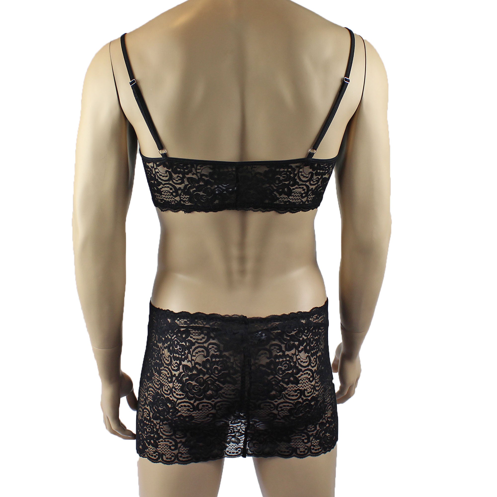 Mens Rebecca Pretty Floral Lingerie Lace Bra Top, Micro Mini Skirt and G string Black