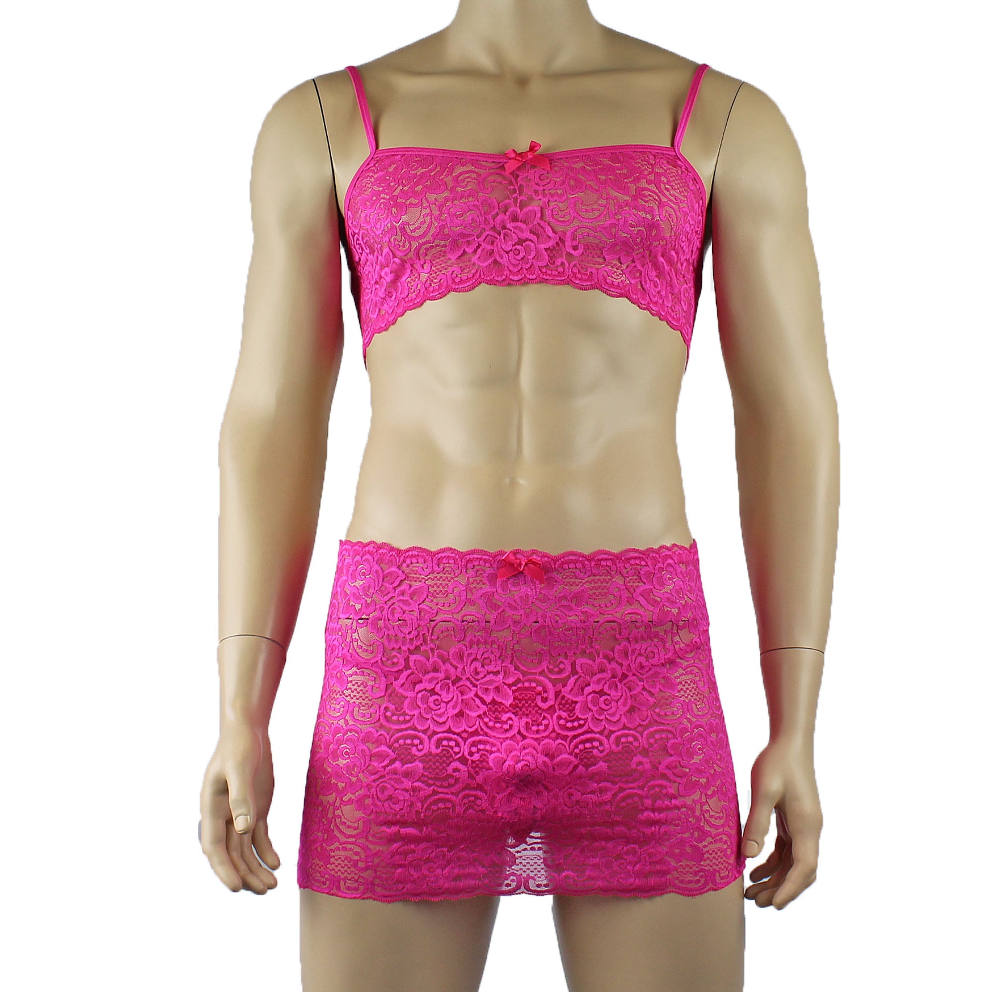 Mens Rebecca Pretty Floral Lingerie Lace Bra Top, Micro Mini Skirt and G string Hot Pink