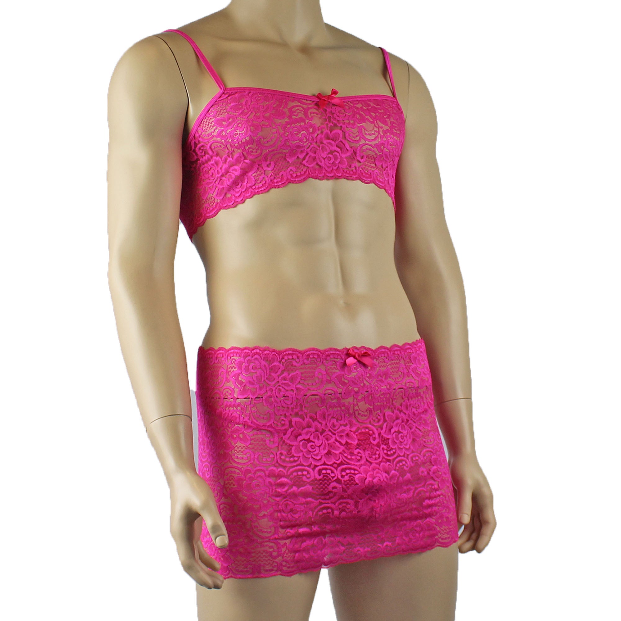 Mens Rebecca Pretty Floral Lingerie Lace Bra Top, Micro Mini Skirt and G string Hot Pink