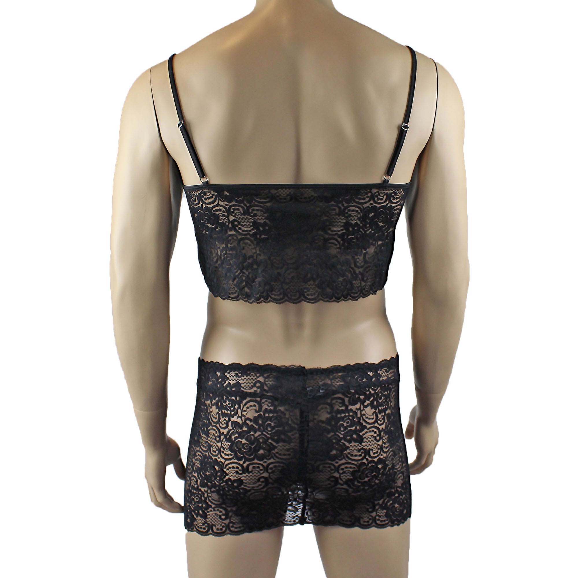 Mens Rebecca Pretty Floral Lingerie Lace Camisole Top, Micro Mini Skirt and G string Black