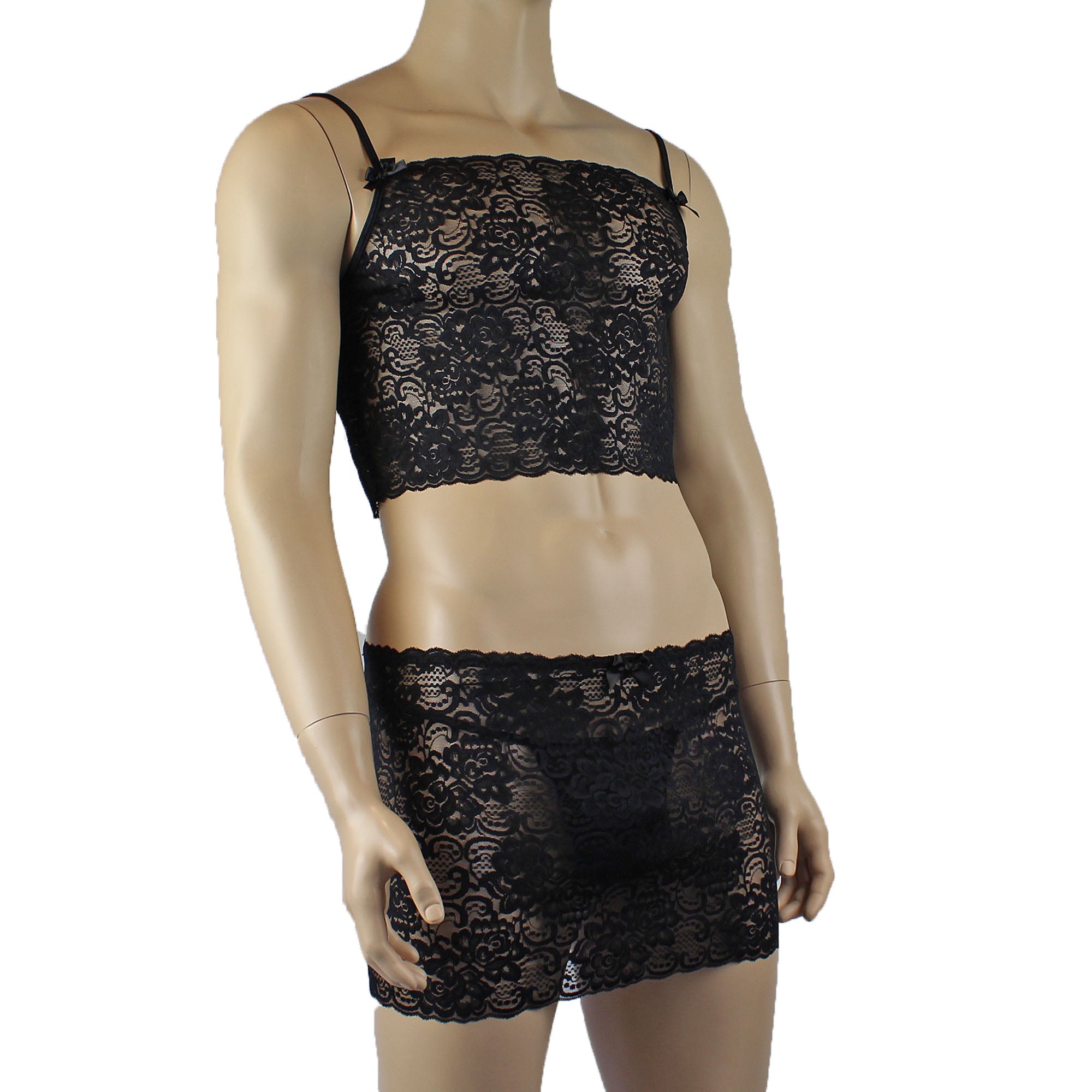 Mens Rebecca Pretty Floral Lingerie Lace Camisole Top, Micro Mini Skirt and G string Black