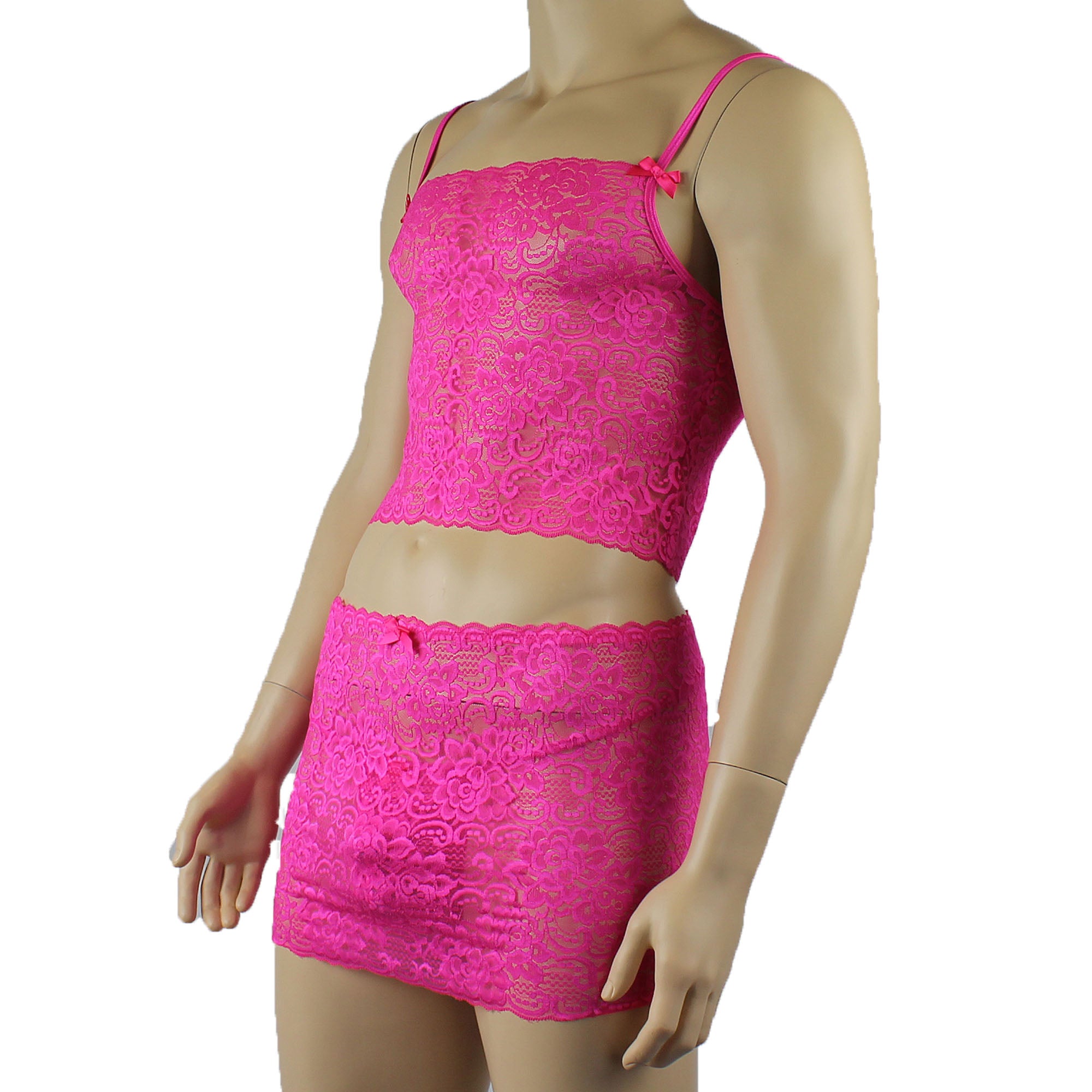 Mens Rebecca Pretty Floral Lingerie Lace Camisole Top, Micro Mini Skirt and G string Hot Pink
