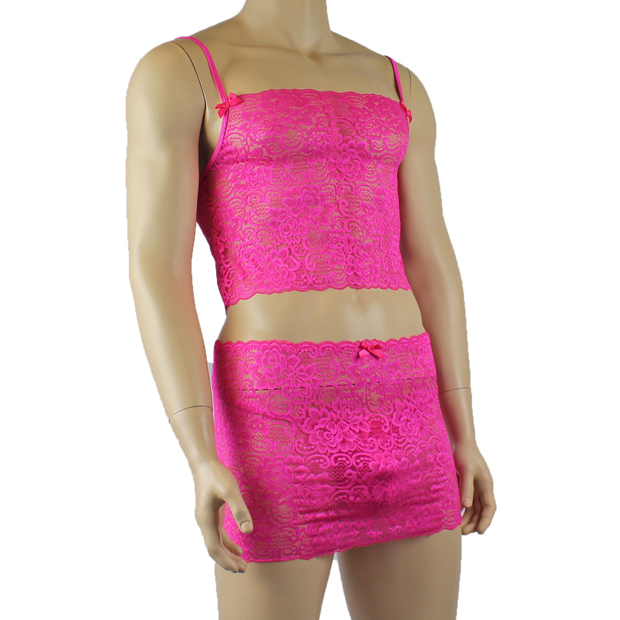 Mens Rebecca Pretty Floral Lingerie Lace Camisole Top, Micro Mini Skirt and G string Hot Pink
