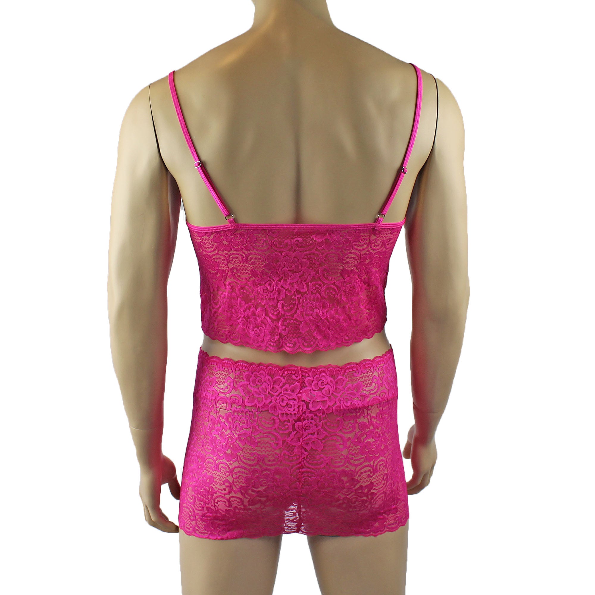 Mens Rebecca Pretty Floral Lingerie Lace Camisole Top, Micro Mini Skirt and G string Hot Pink