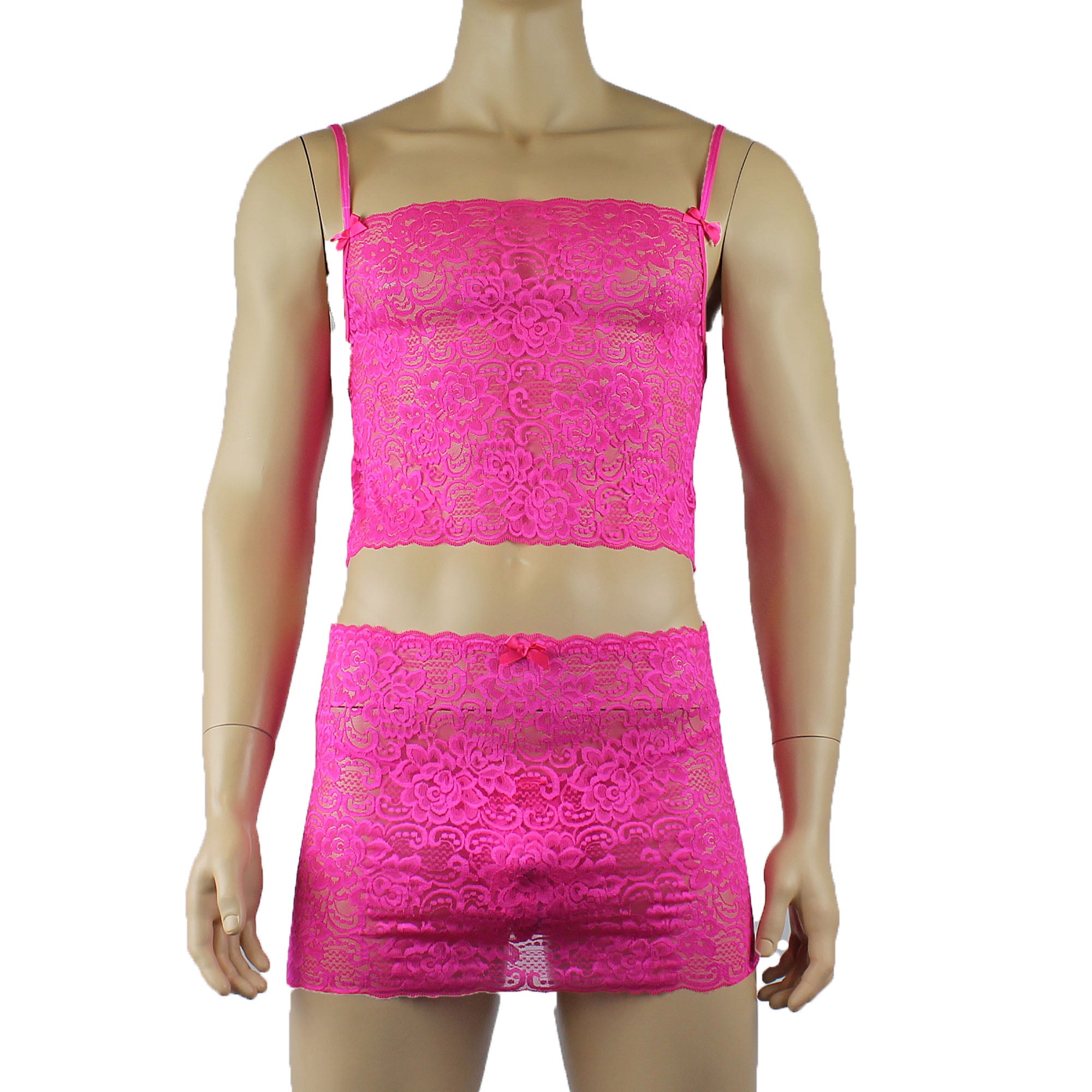 Mens Rebecca Pretty Floral Lingerie Lace Camisole Top, Micro Mini Skirt and G string Hot Pink