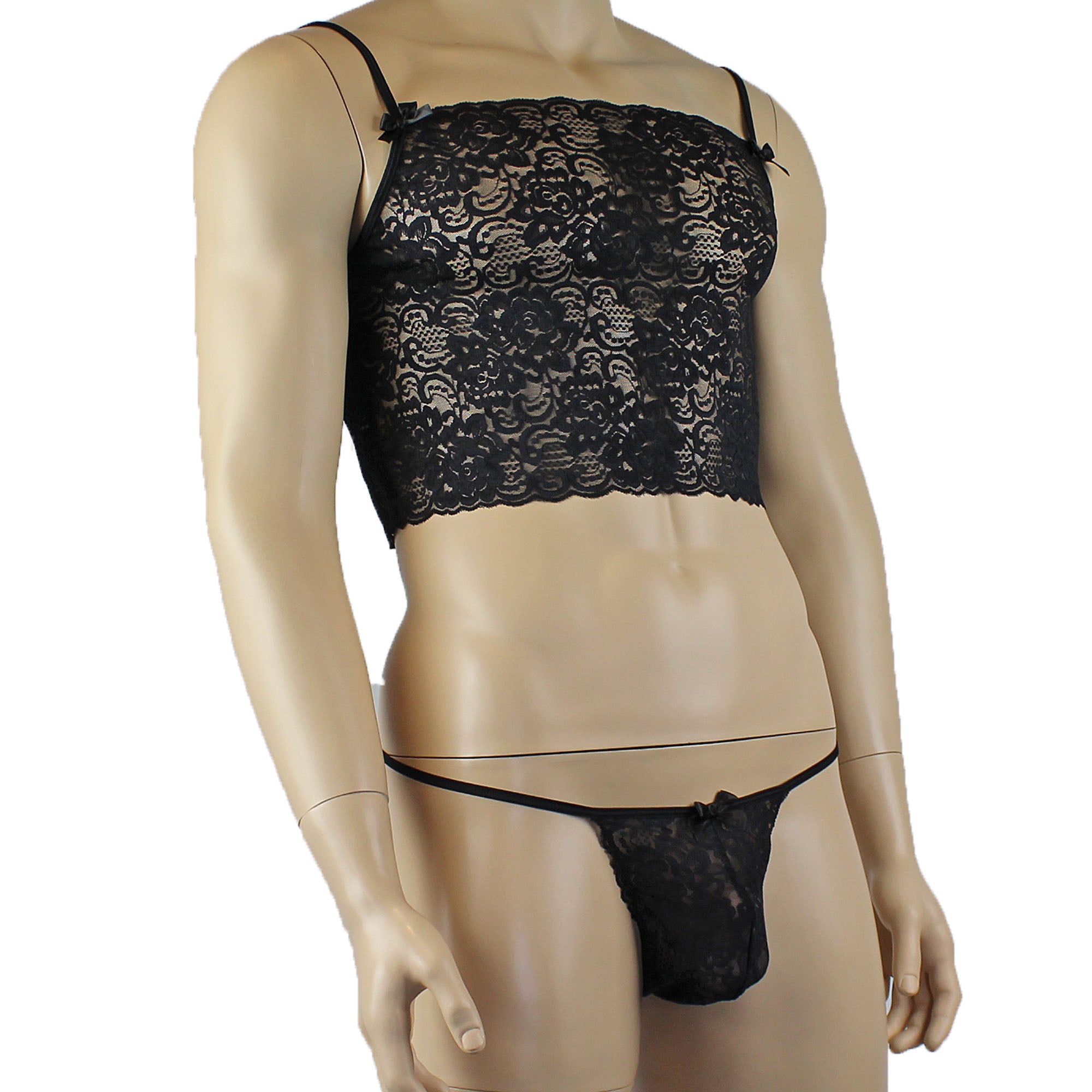Mens Rebecca Pretty Floral Lingerie Lace Camisole Top with G string Black