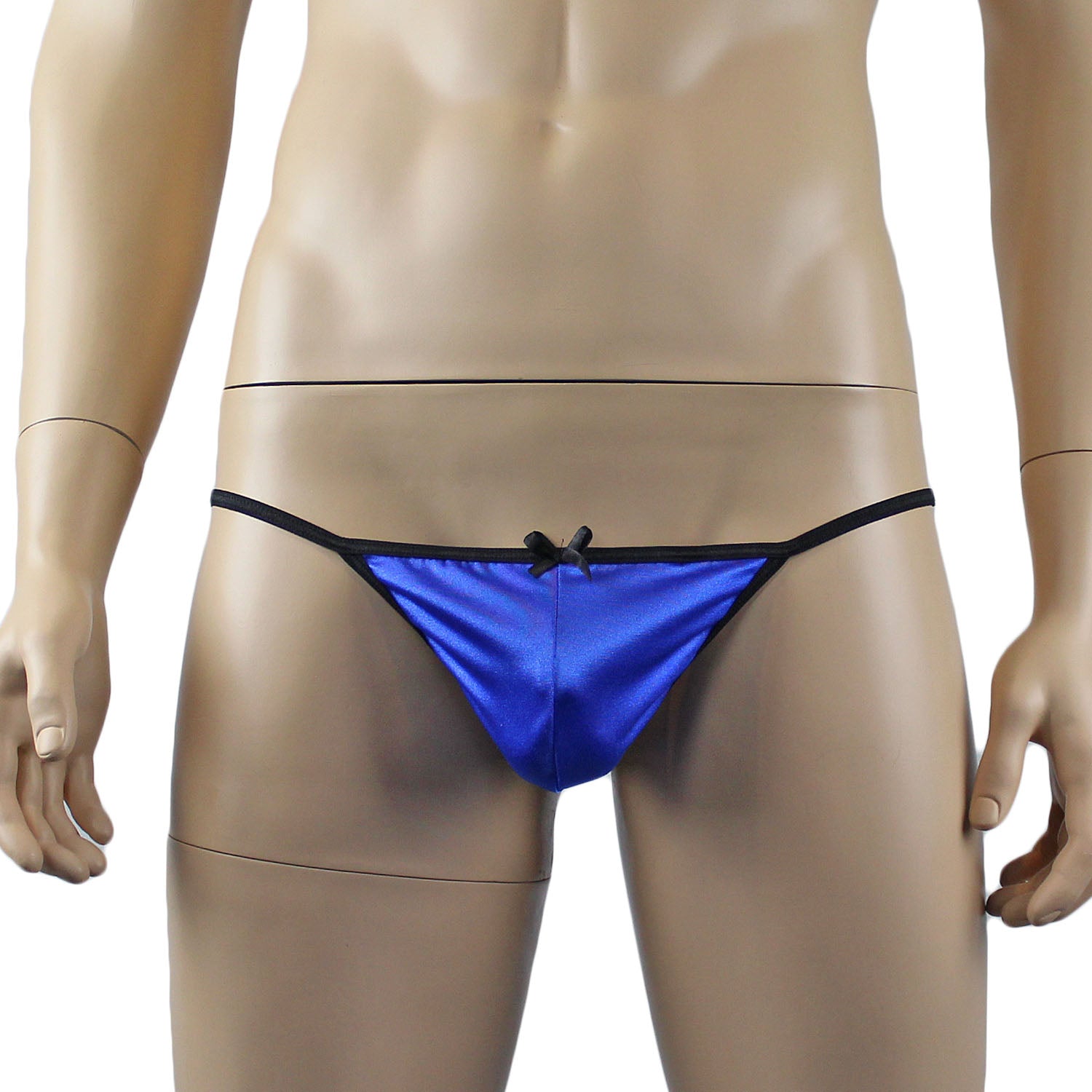Mens Jenny Shiny Spandex Pouch G string with Bow Blue & Black