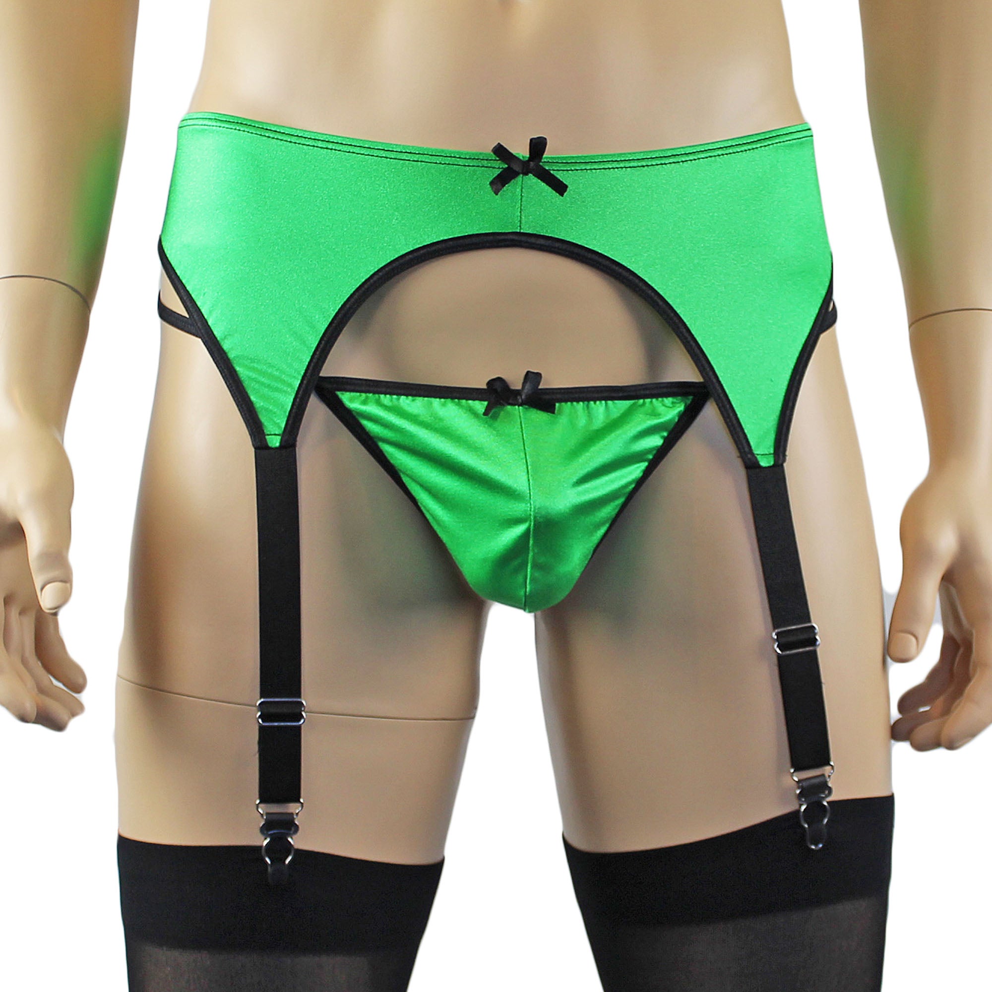 Mens Jenny Shiny Spandex Bra Top, G string and Garterbelt Lingerie Neon Green & Black