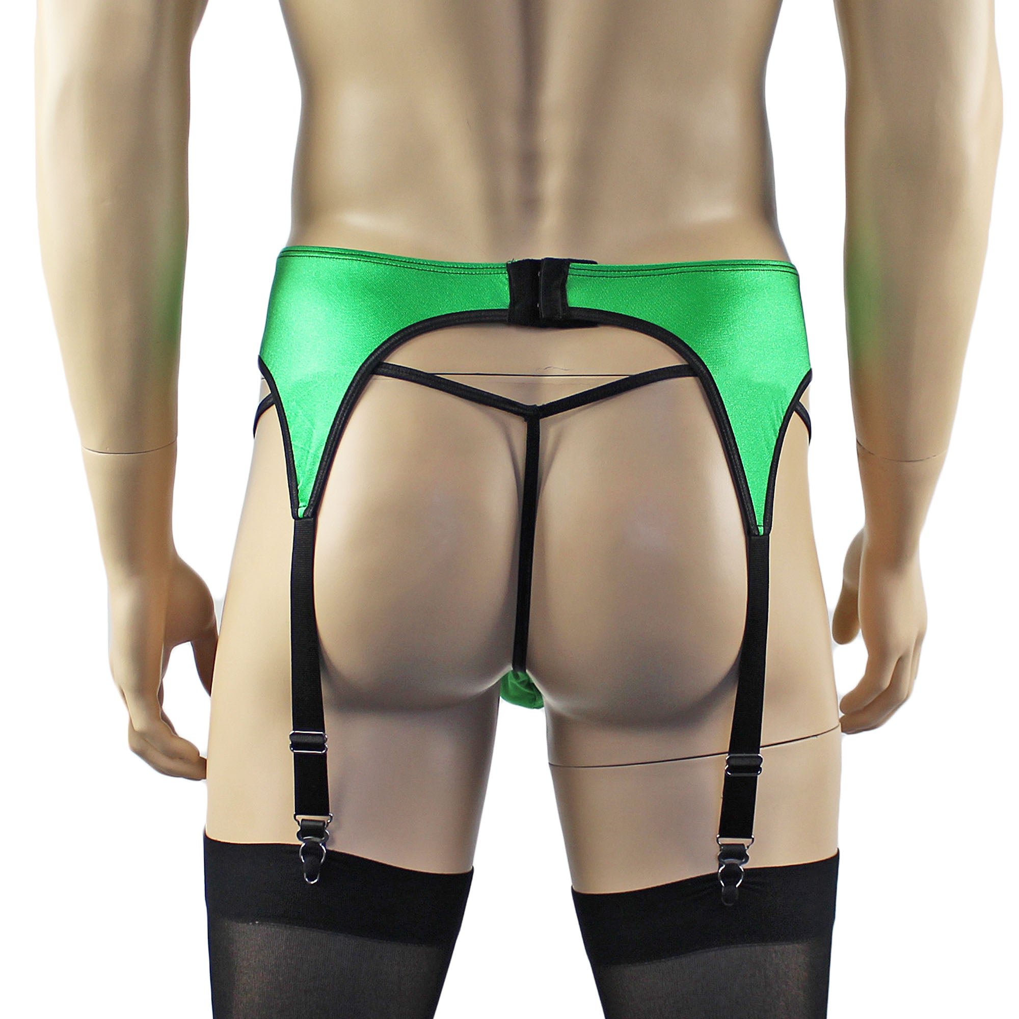 Mens Jenny Shiny Spandex Bra Top, G string and Garterbelt Lingerie Neon Green & Black