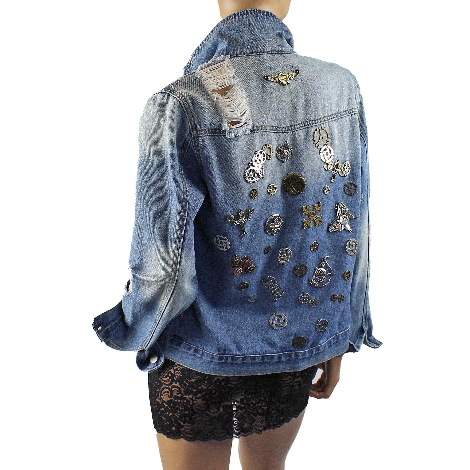 Jenni Re-Designed Denim Jacket with Metal Streampunk Embellishments & Distressed Look