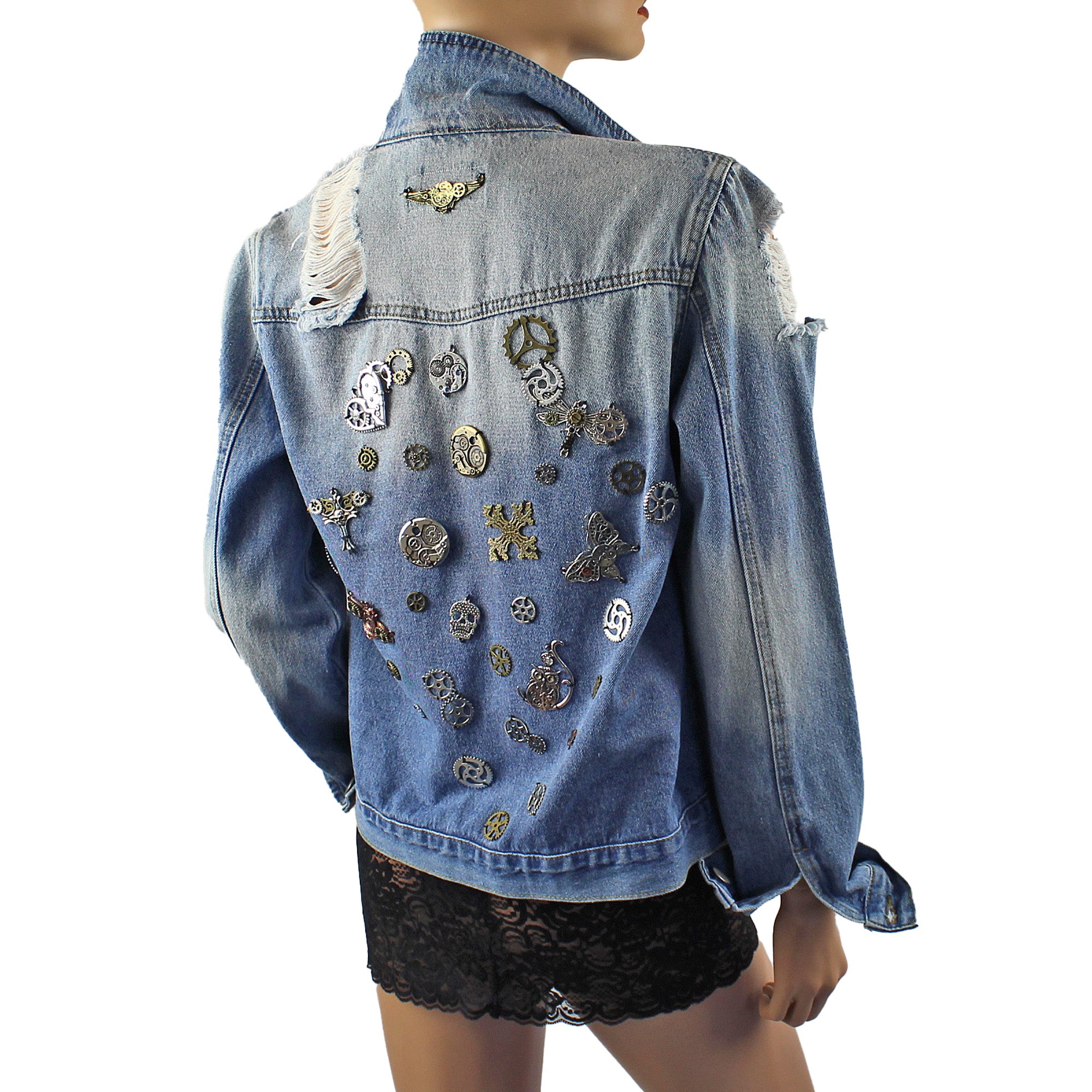 Jenni Re-Designed Denim Jacket with Metal Streampunk Embellishments & Distressed Look
