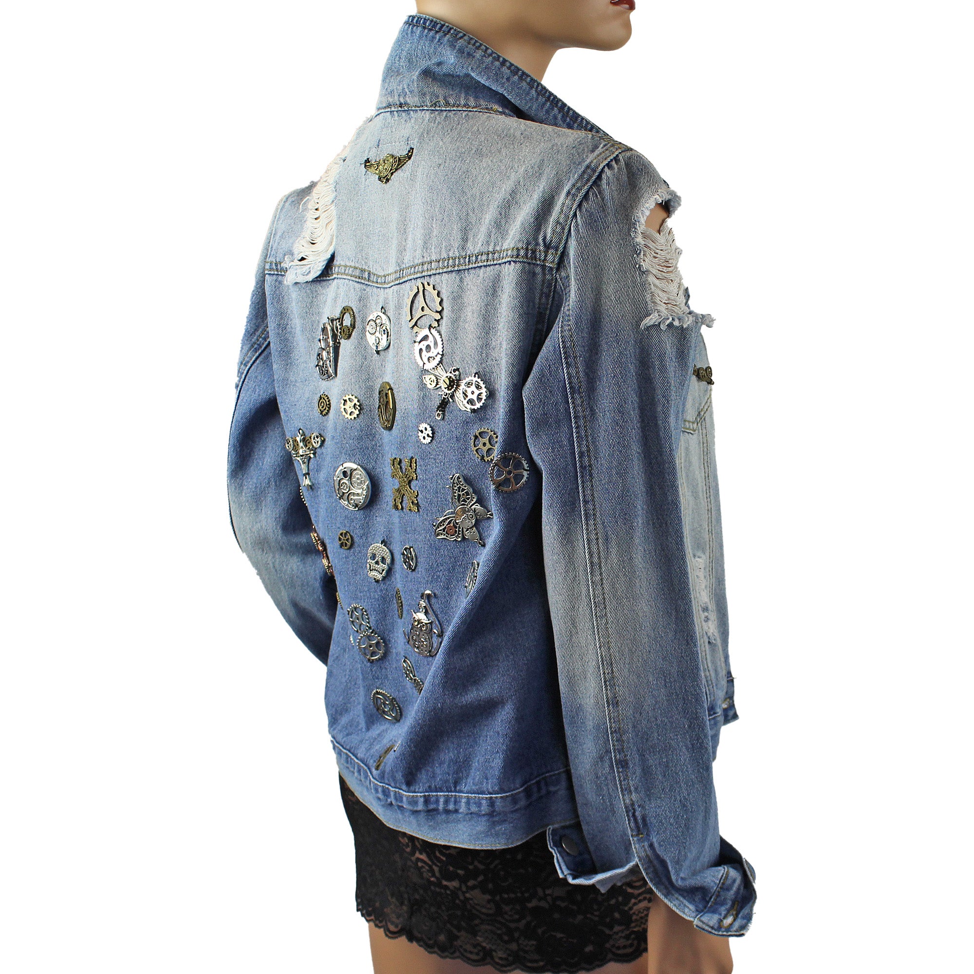 Jenni Re-Designed Denim Jacket with Metal Streampunk Embellishments & Distressed Look