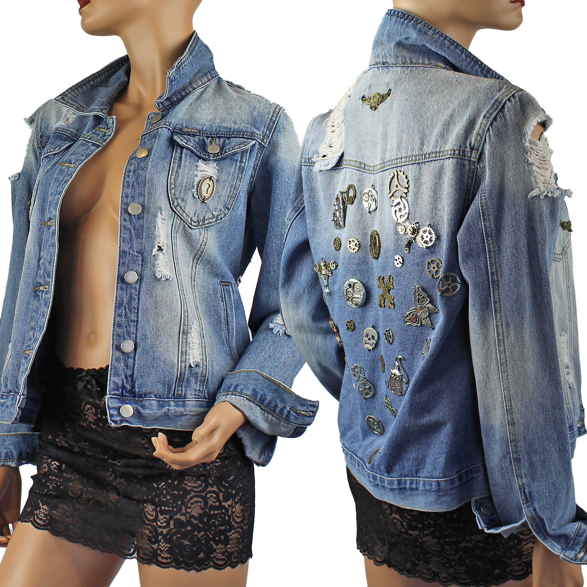 Jenni Re-Designed Denim Jacket with Metal Streampunk Embellishments & Distressed Look