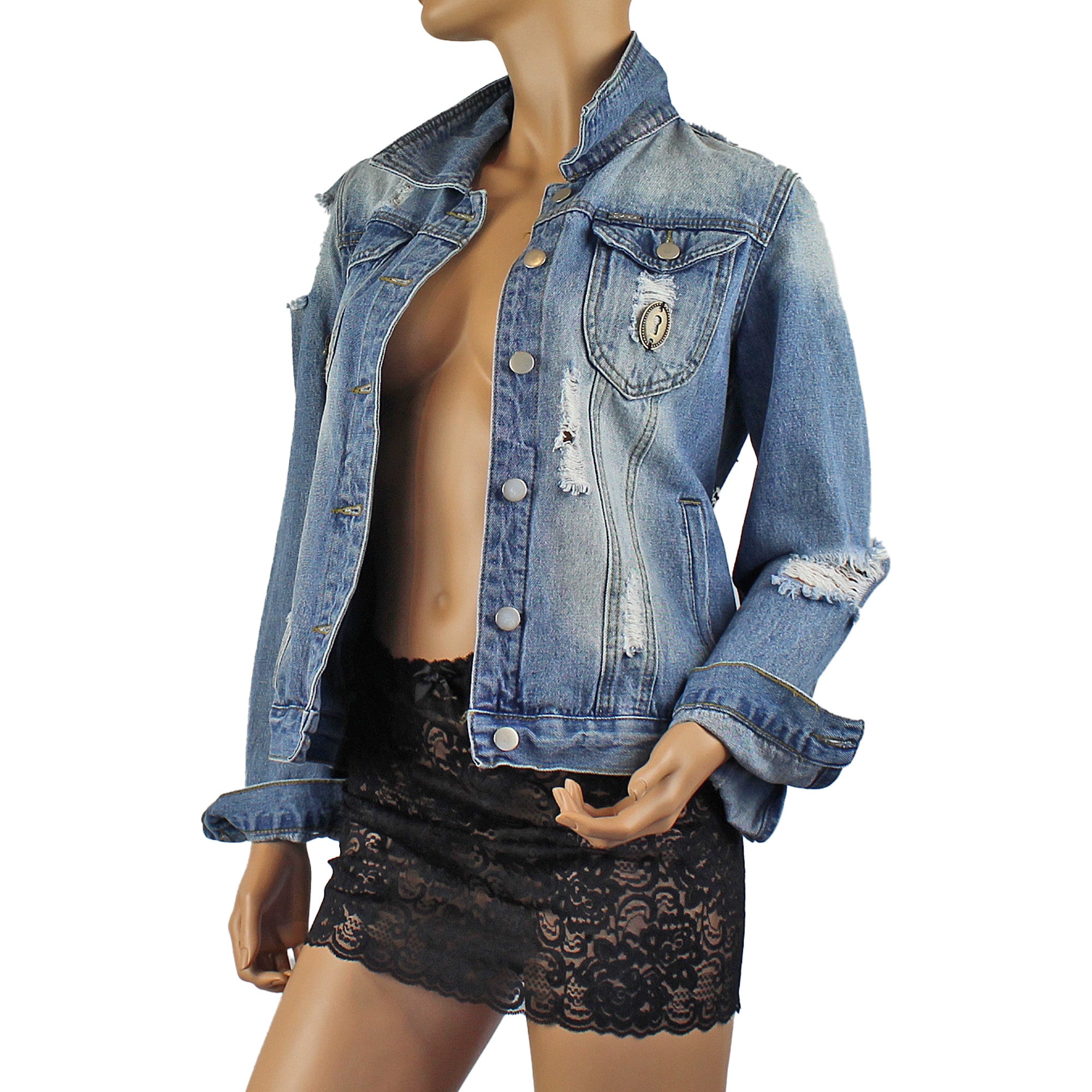 Jenni Re-Designed Denim Jacket with Metal Streampunk Embellishments & Distressed Look