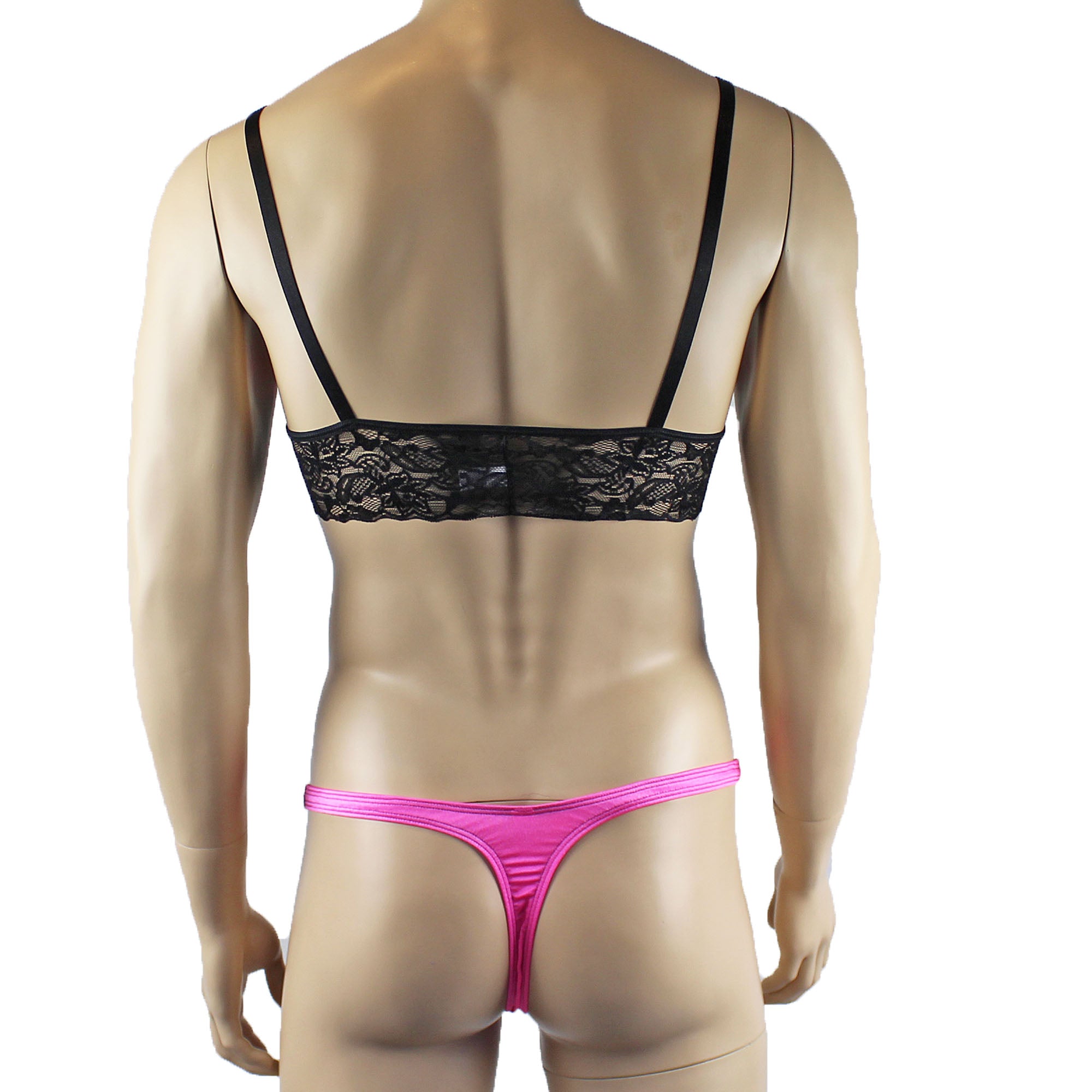 Mens Joanne Lace Bra Top Lingerie and Thong for Men Hot Pink and Black Lace