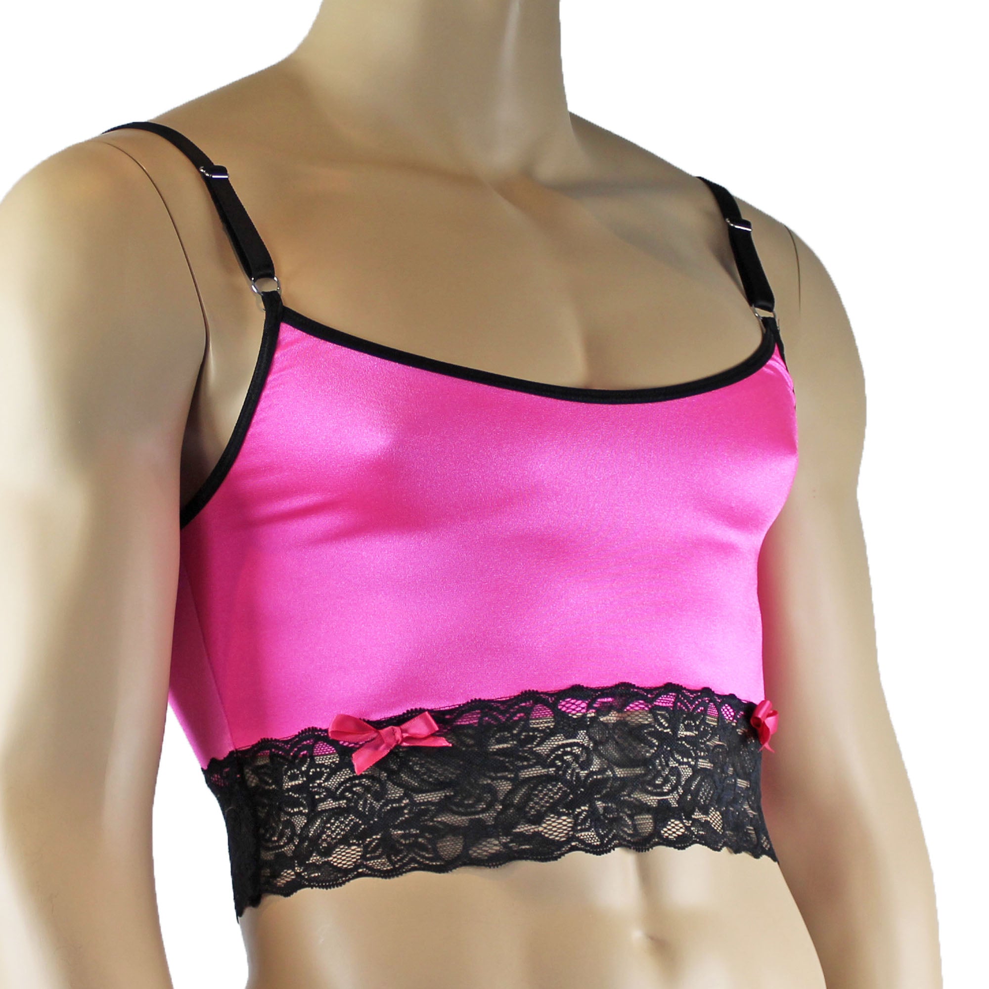 Mens Joanne Satin & Lace Crop Cami Top - Sizes up to 3XL Hot Pink and Black Lace