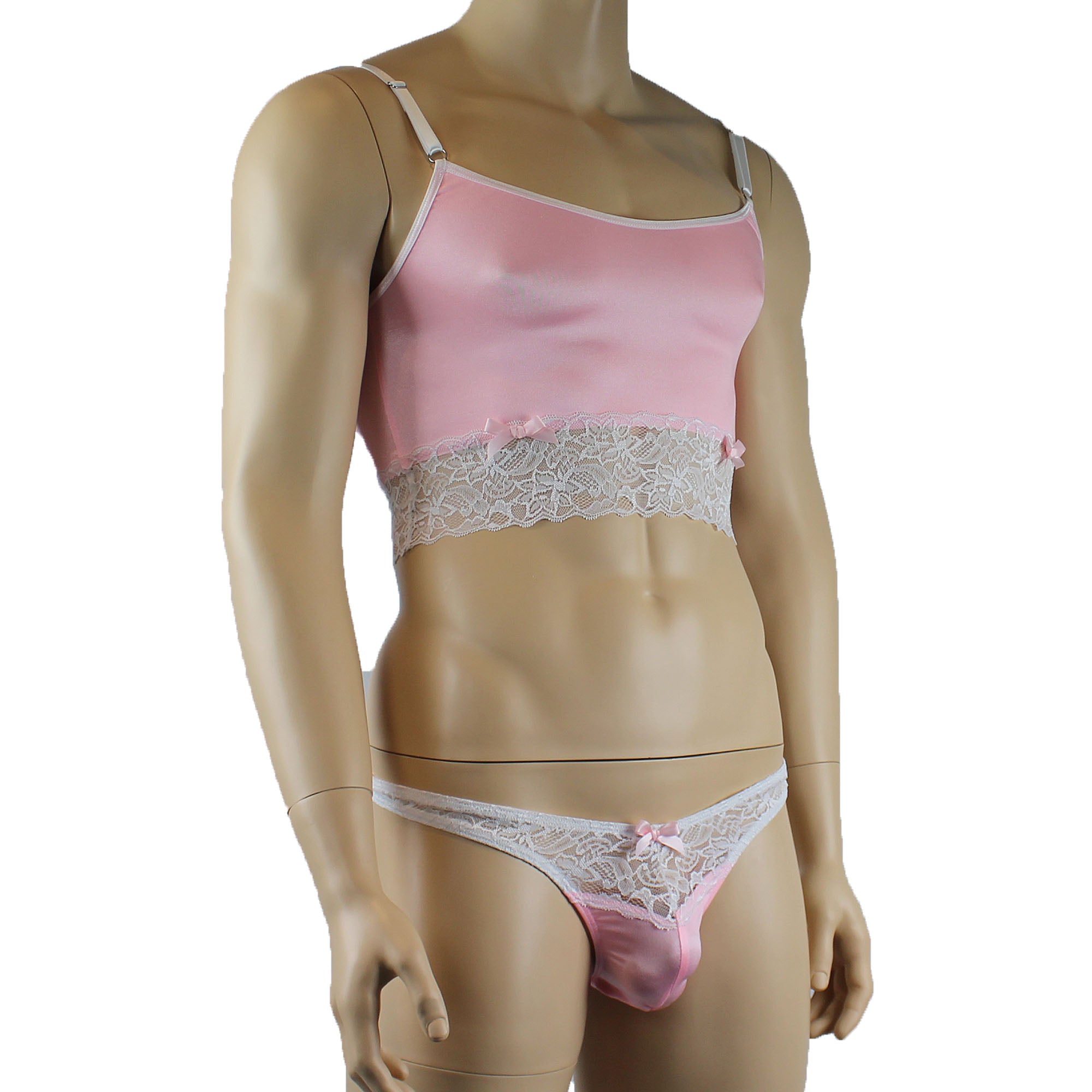 Mens Joanne Satin & Lace Crop Cami Top with Sexy Thong - Sizes up to 3XL Light Pink and White Lace
