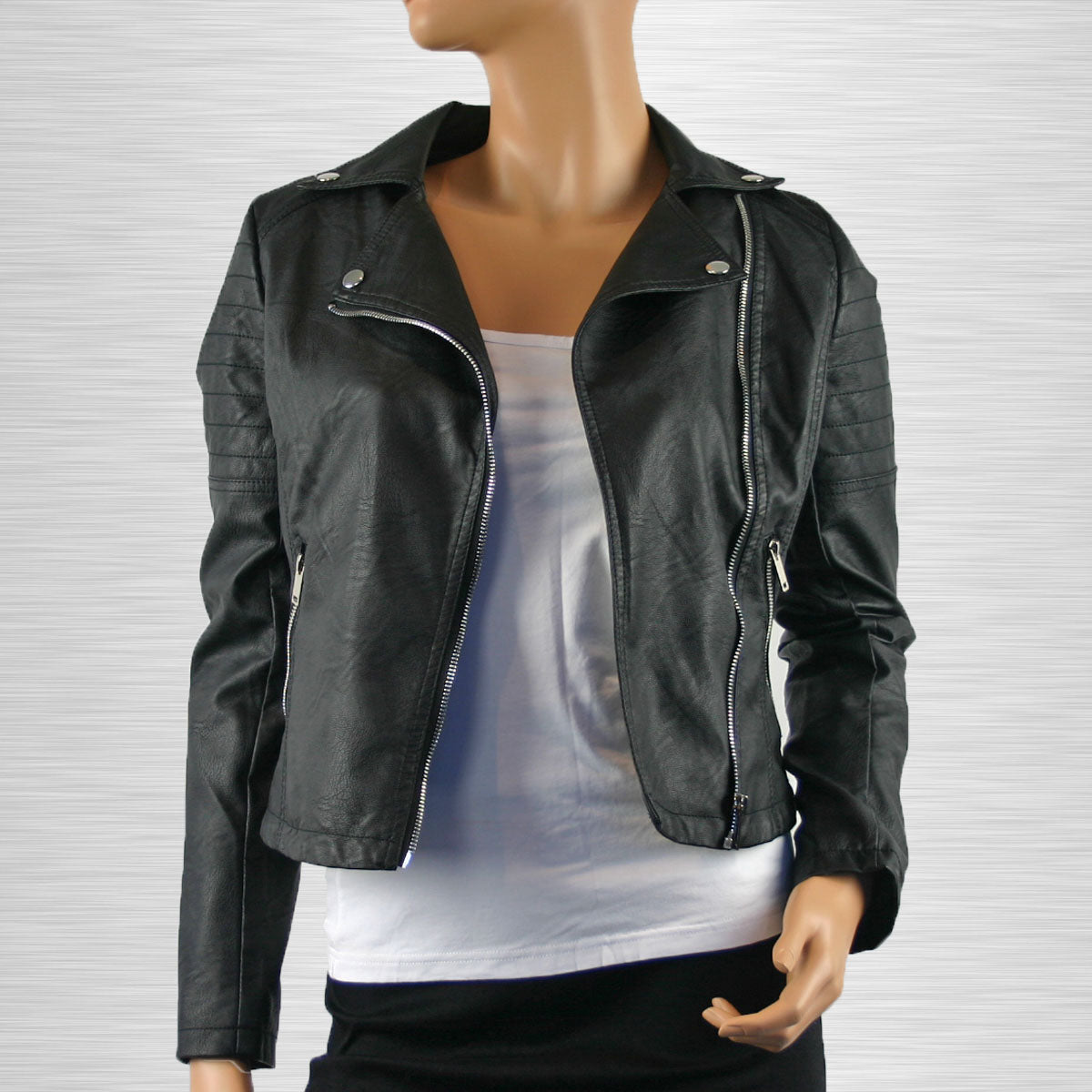 Krissy Re-Designed Faux Leather Biker Jacket with Metal Embellishments
