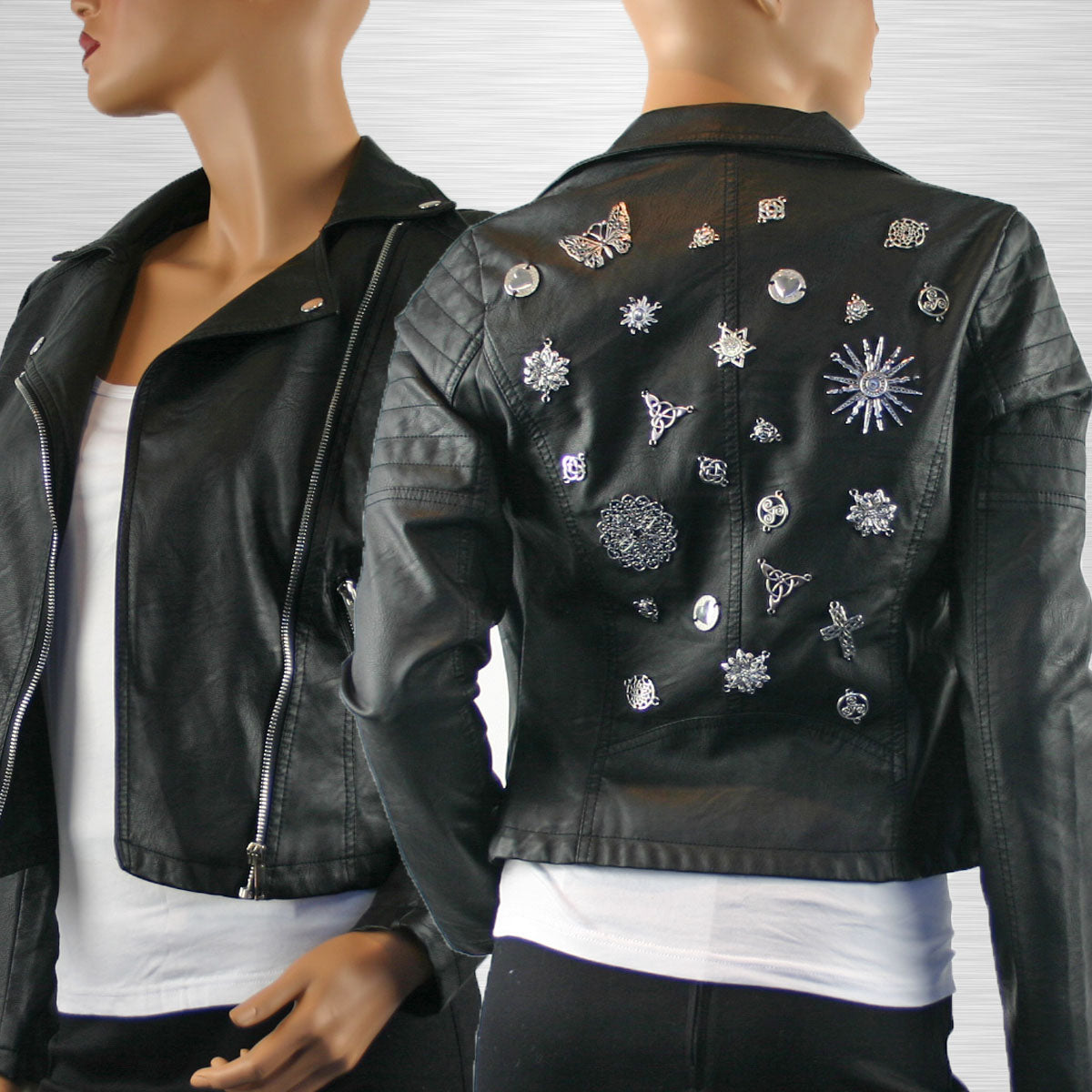 Krissy Re-Designed Faux Leather Biker Jacket with Metal Embellishments