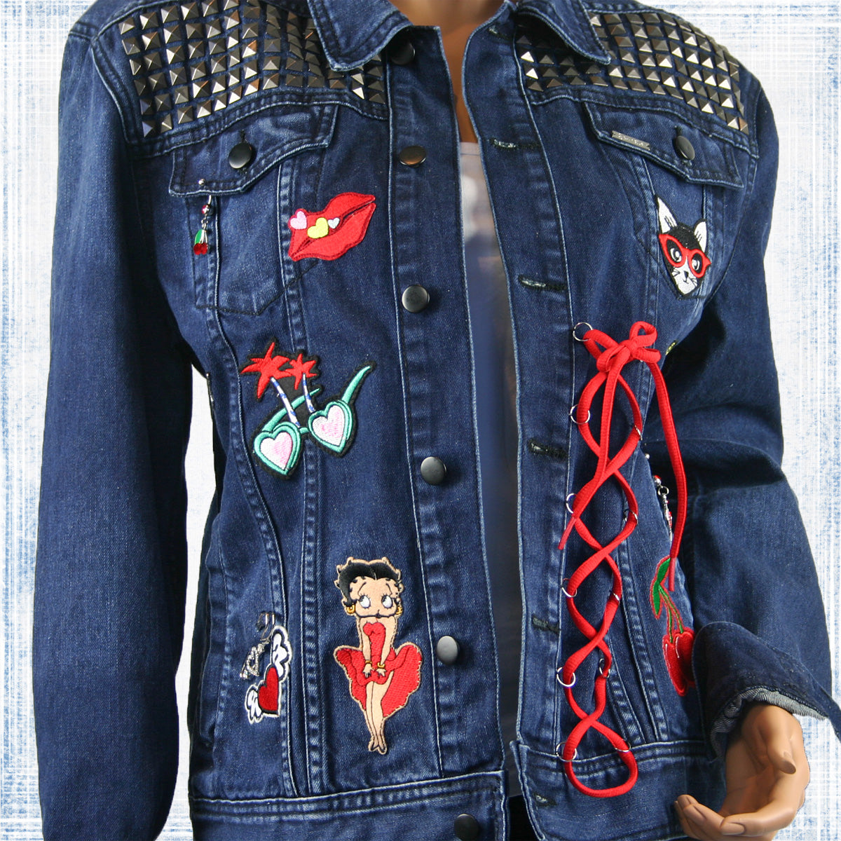 Lexie Re-Designed Retro Denim Jacket with Lace, Patches, Sexy Lacing & Distressed Look