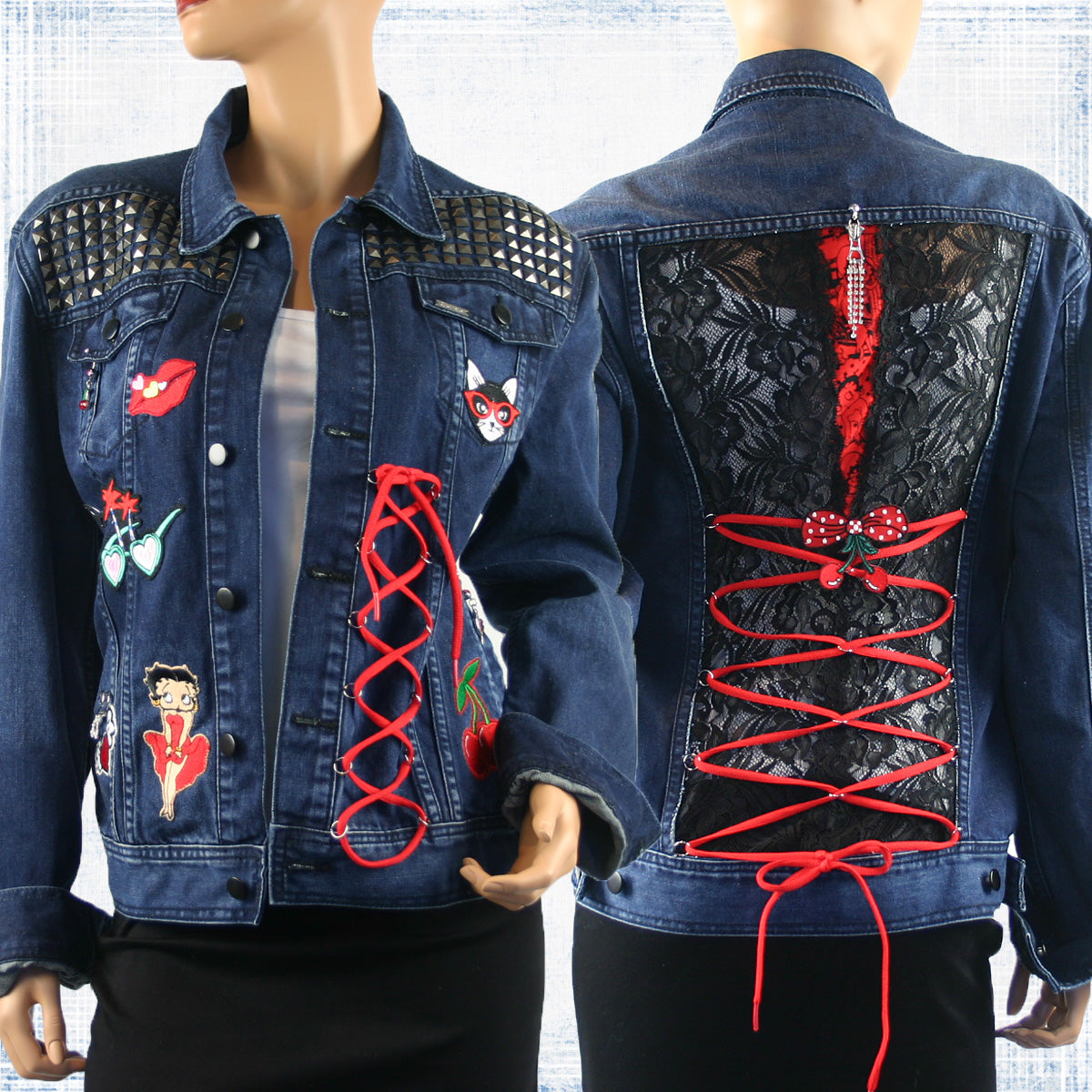 Lexie Re-Designed Retro Denim Jacket with Lace, Patches, Sexy Lacing & Distressed Look