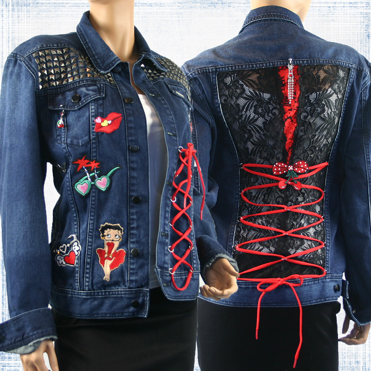 Lexie Re-Designed Retro Denim Jacket with Lace, Patches, Sexy Lacing & Distressed Look