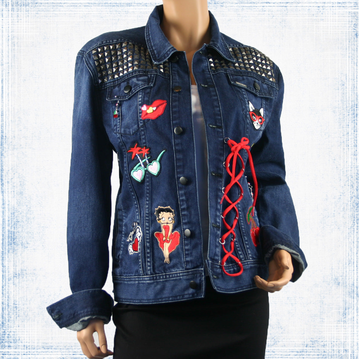 Lexie Re-Designed Retro Denim Jacket with Lace, Patches, Sexy Lacing & Distressed Look