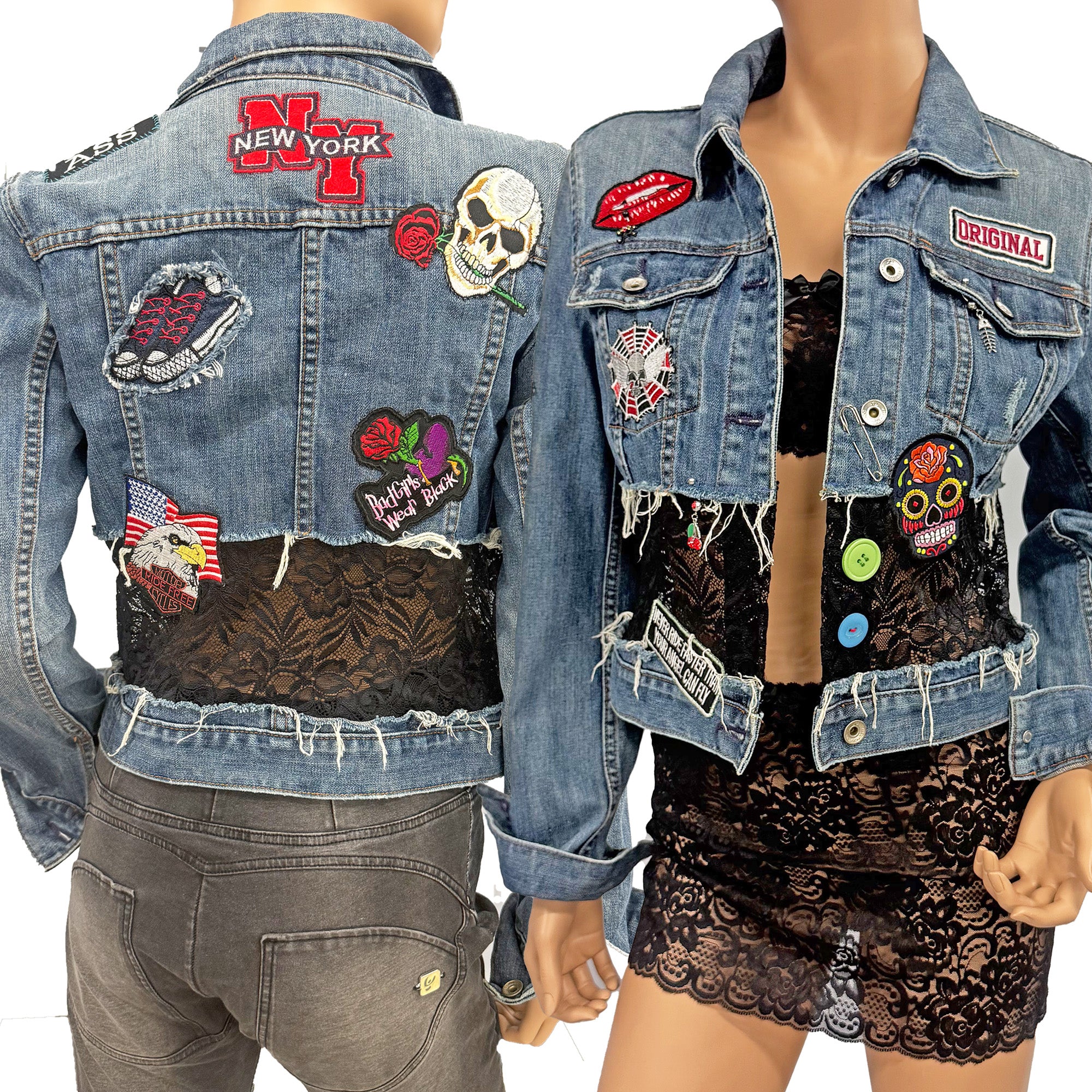 Nikki Re-Designed Denim Jacket with Lace, Patches & Distressed Look