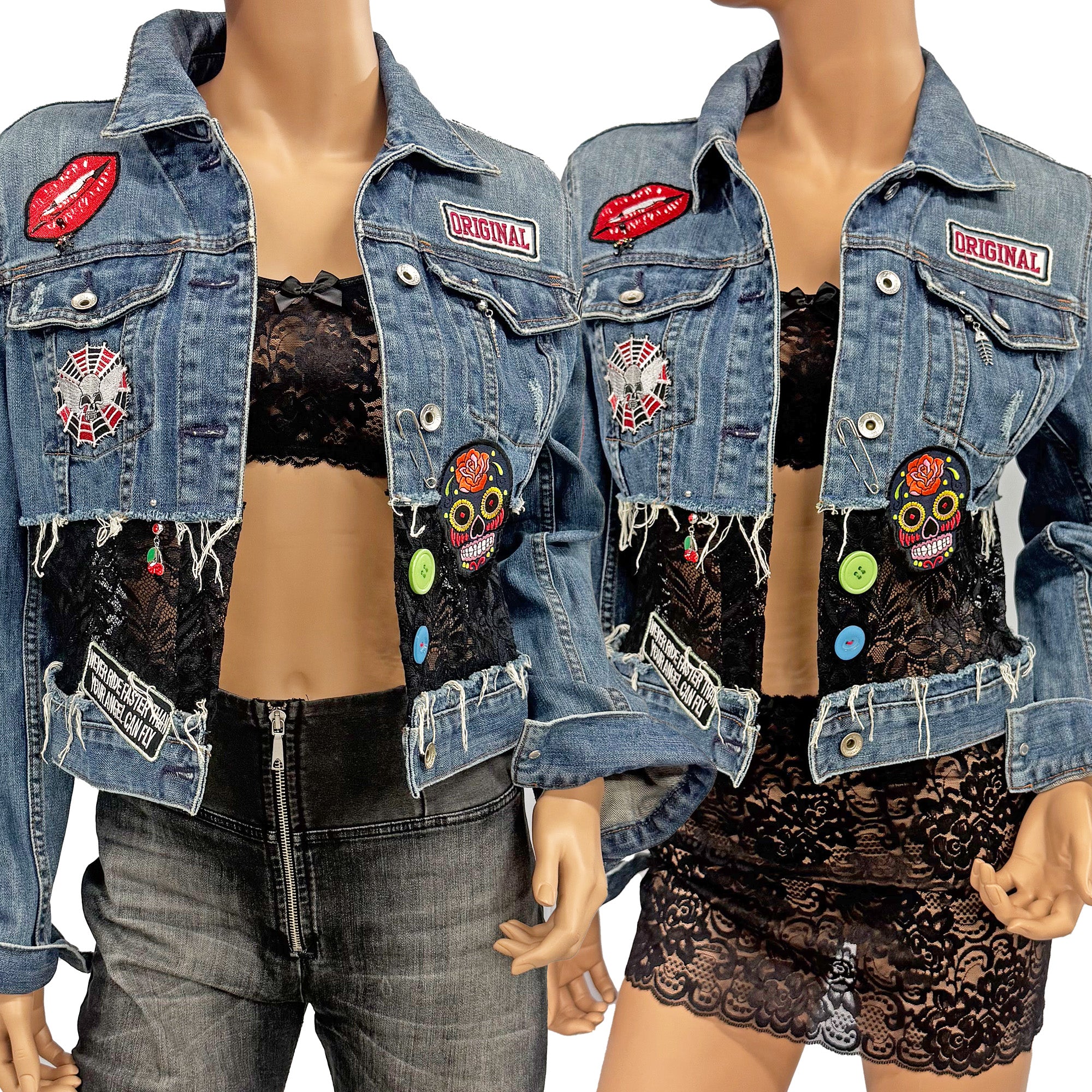 Nikki Re-Designed Denim Jacket with Lace, Patches & Distressed Look