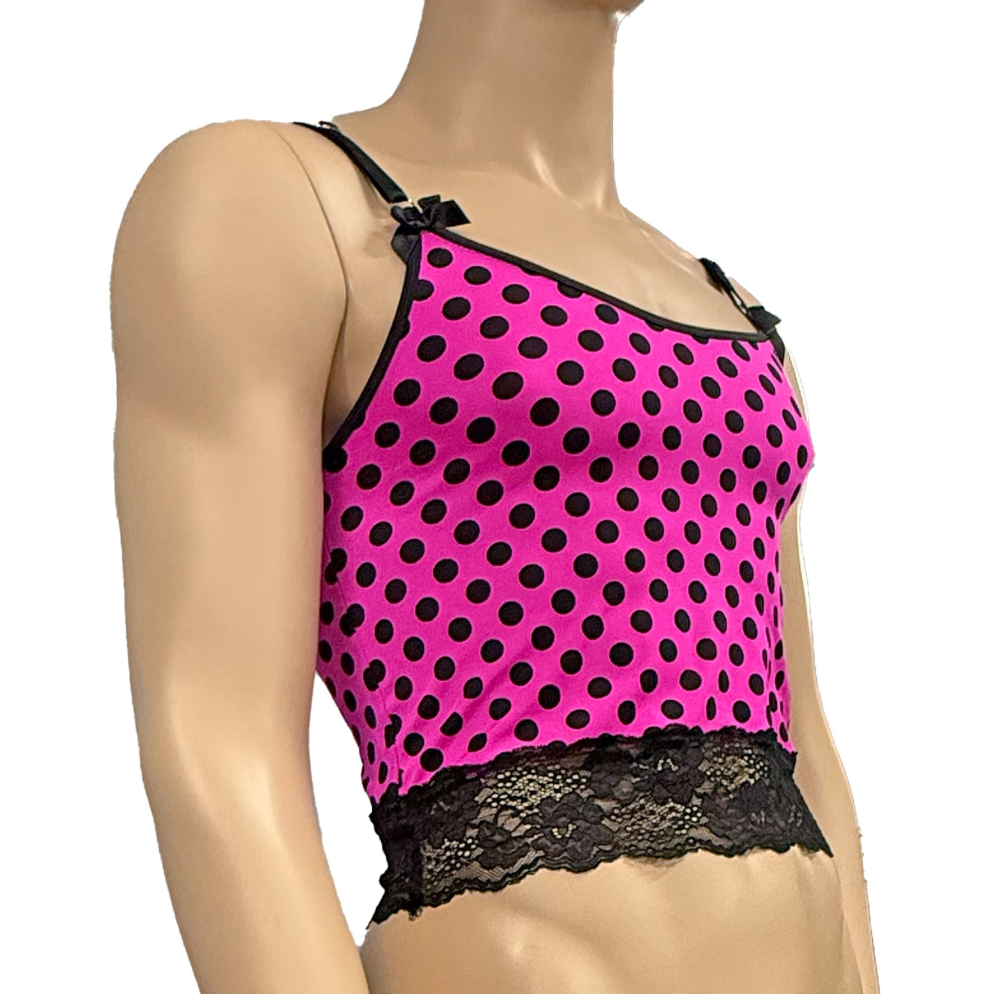 Mens Hot Pink Polka Dot Spandex & Lace Camisole Top