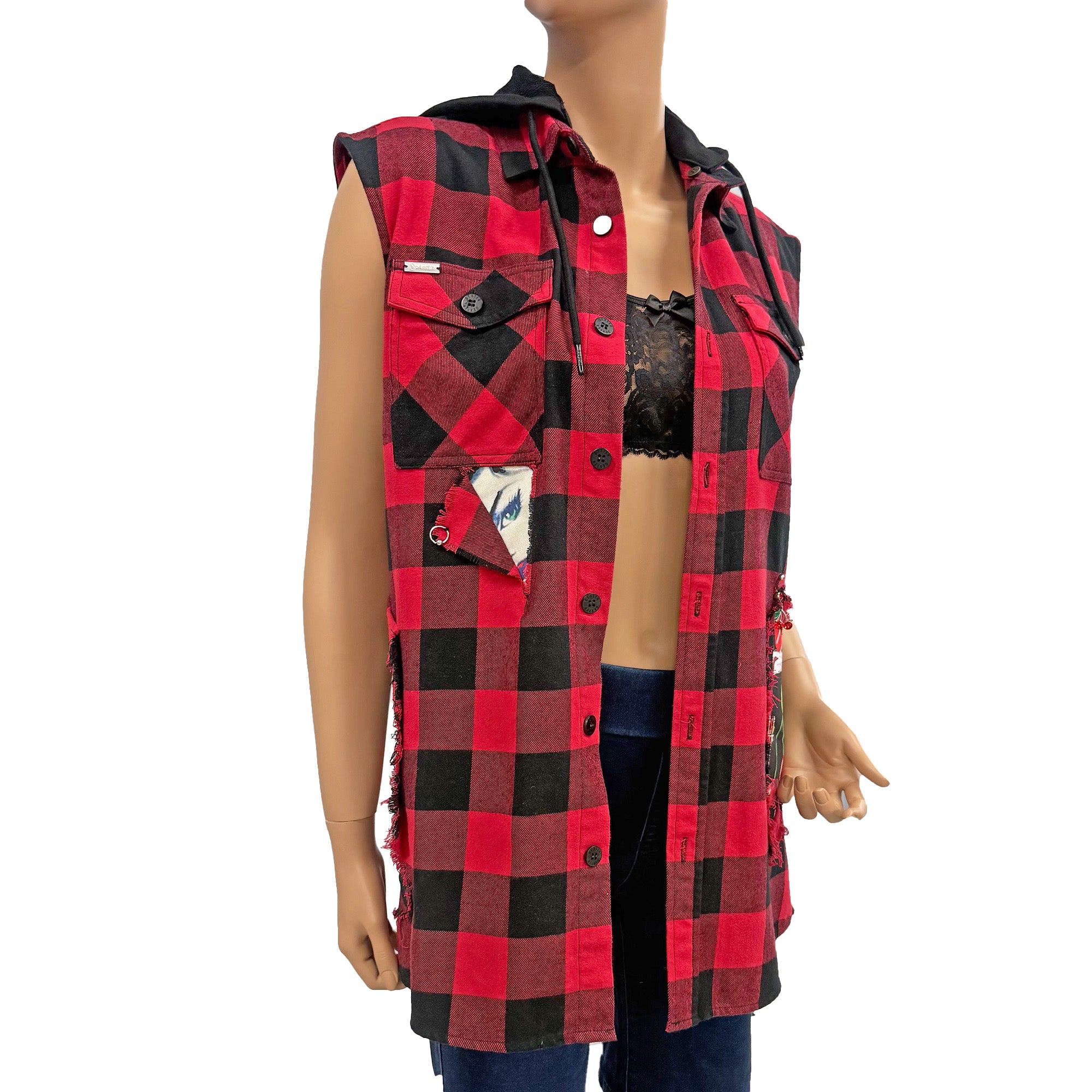 Rocky Re-Designed Plaid Unisex Top Vest Jacket with Inserts and Distressed Look