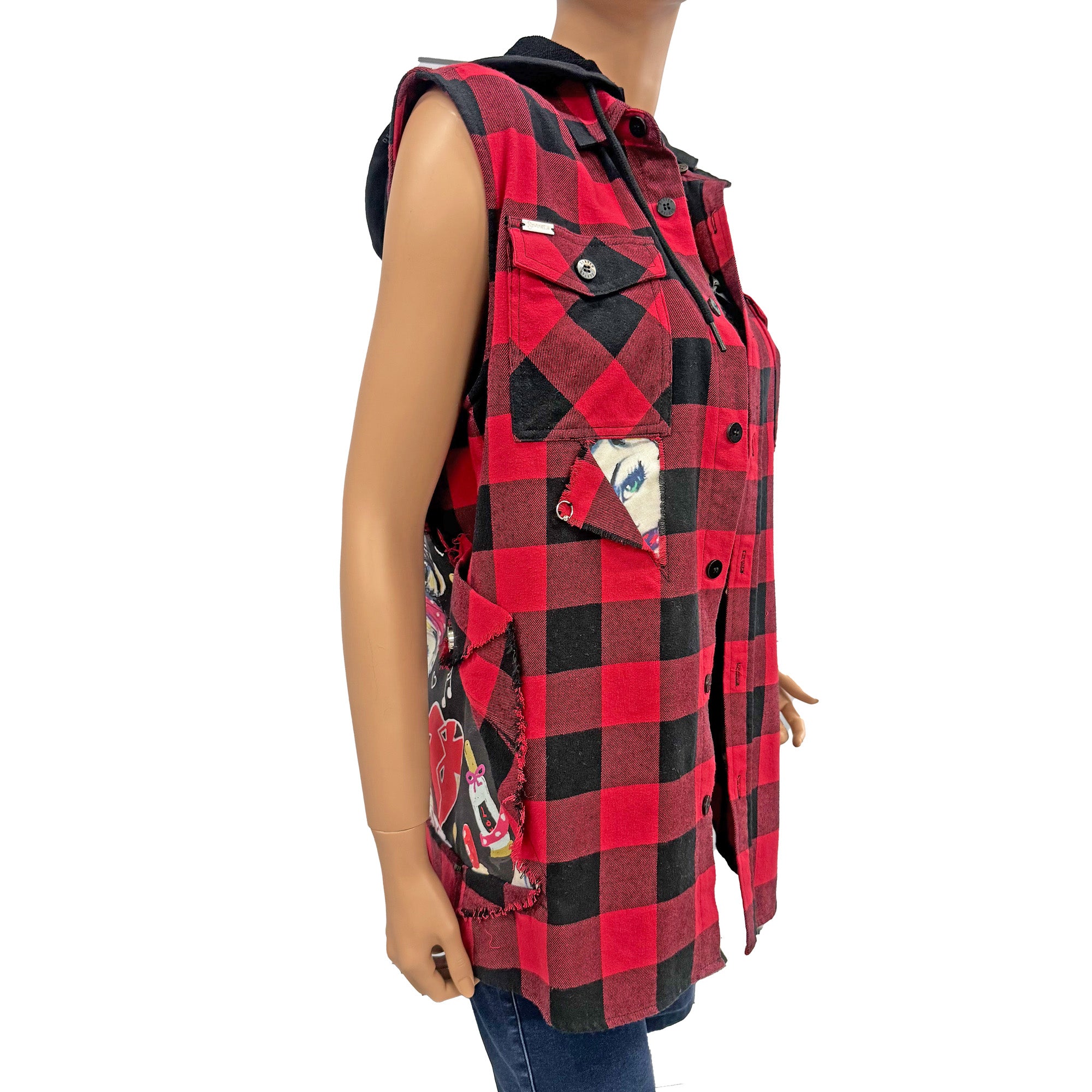 Rocky Re-Designed Plaid Unisex Top Vest Jacket with Inserts and Distressed Look