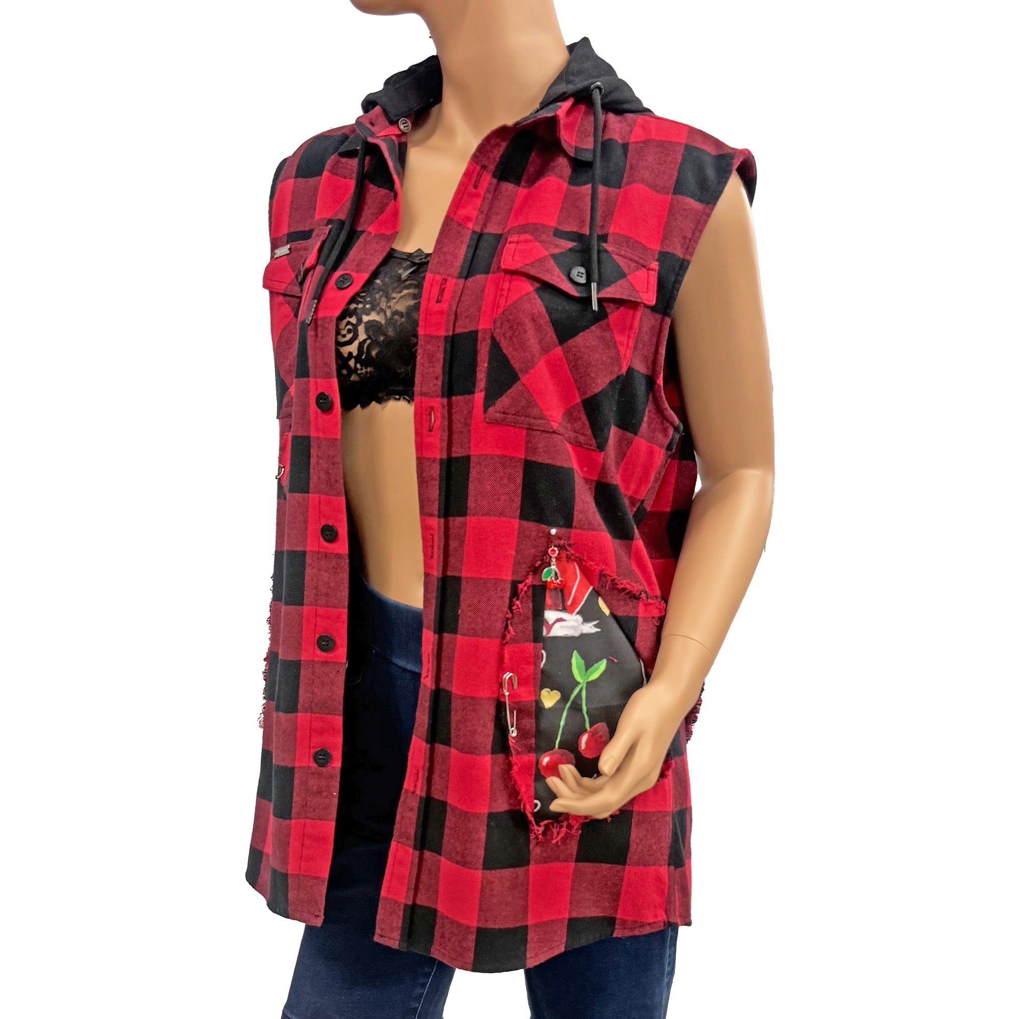Rocky Re-Designed Plaid Unisex Top Vest Jacket with Inserts and Distressed Look