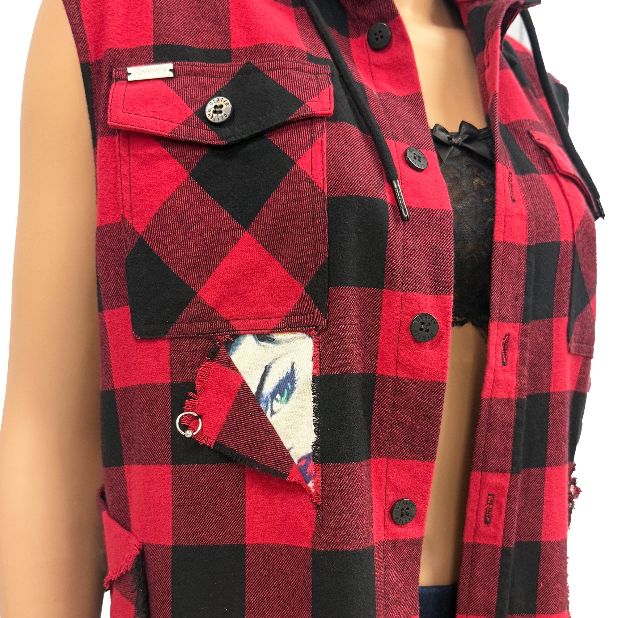Rocky Re-Designed Plaid Unisex Top Vest Jacket with Inserts and Distressed Look